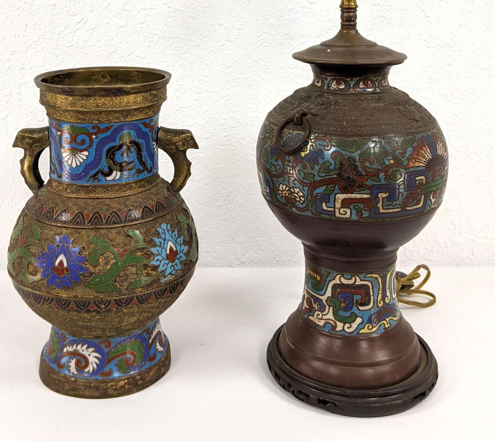 2pc Champleve Enamel Chinese Lot, Lamp & Vase. (1 of 12)