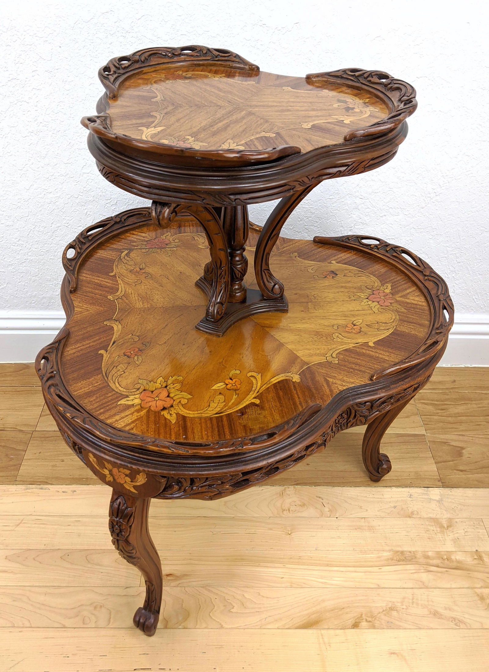 Two Tier Floral Inlay Occasional Table. Carved wood gal (1 of 11)