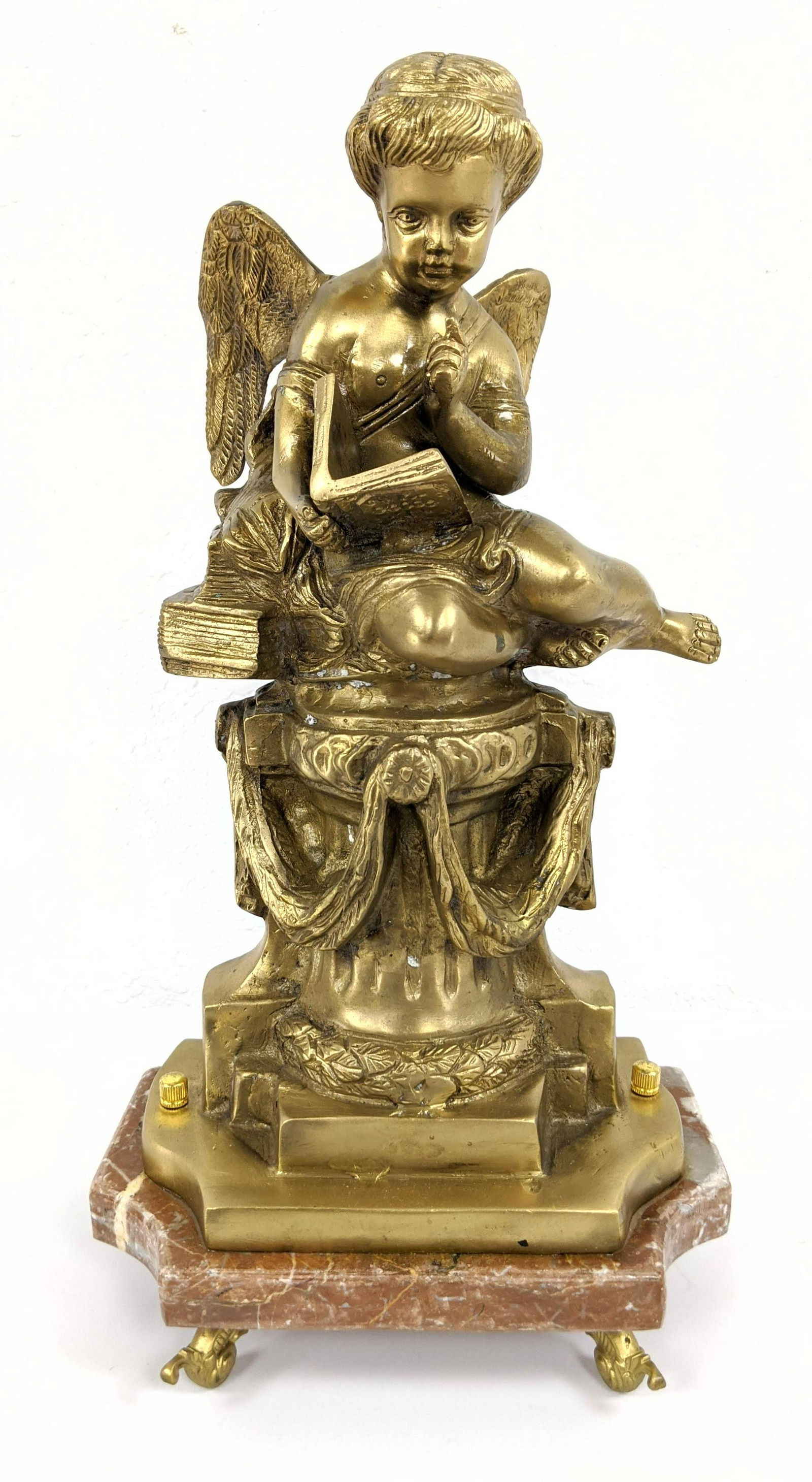Brass Figural Sculpture of Cherub Reading. Pink marble (1 of 9)
