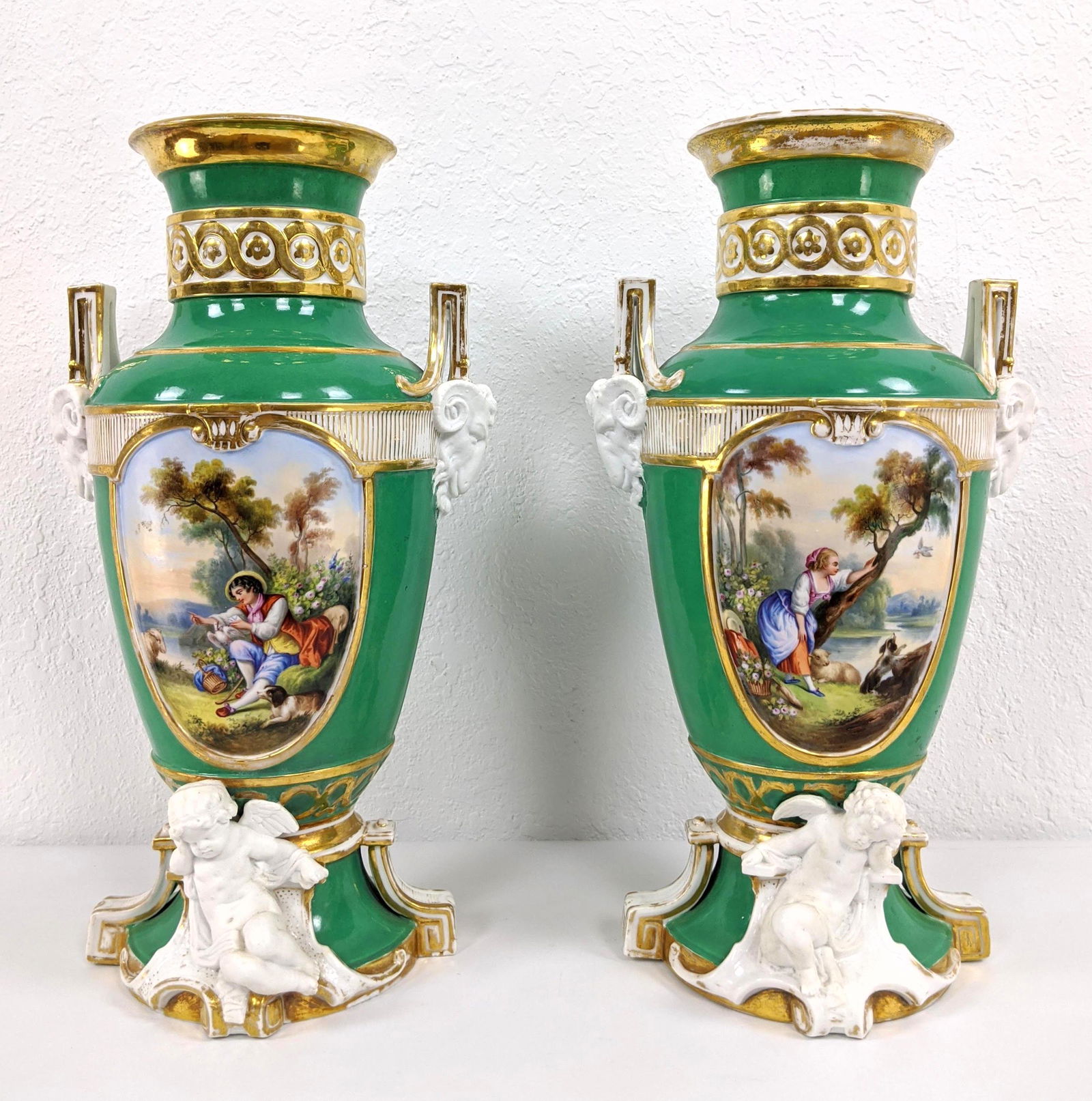 Pr Old Paris Porcelain Ram Handled Urn Vases. Emerald g (1 of 9)