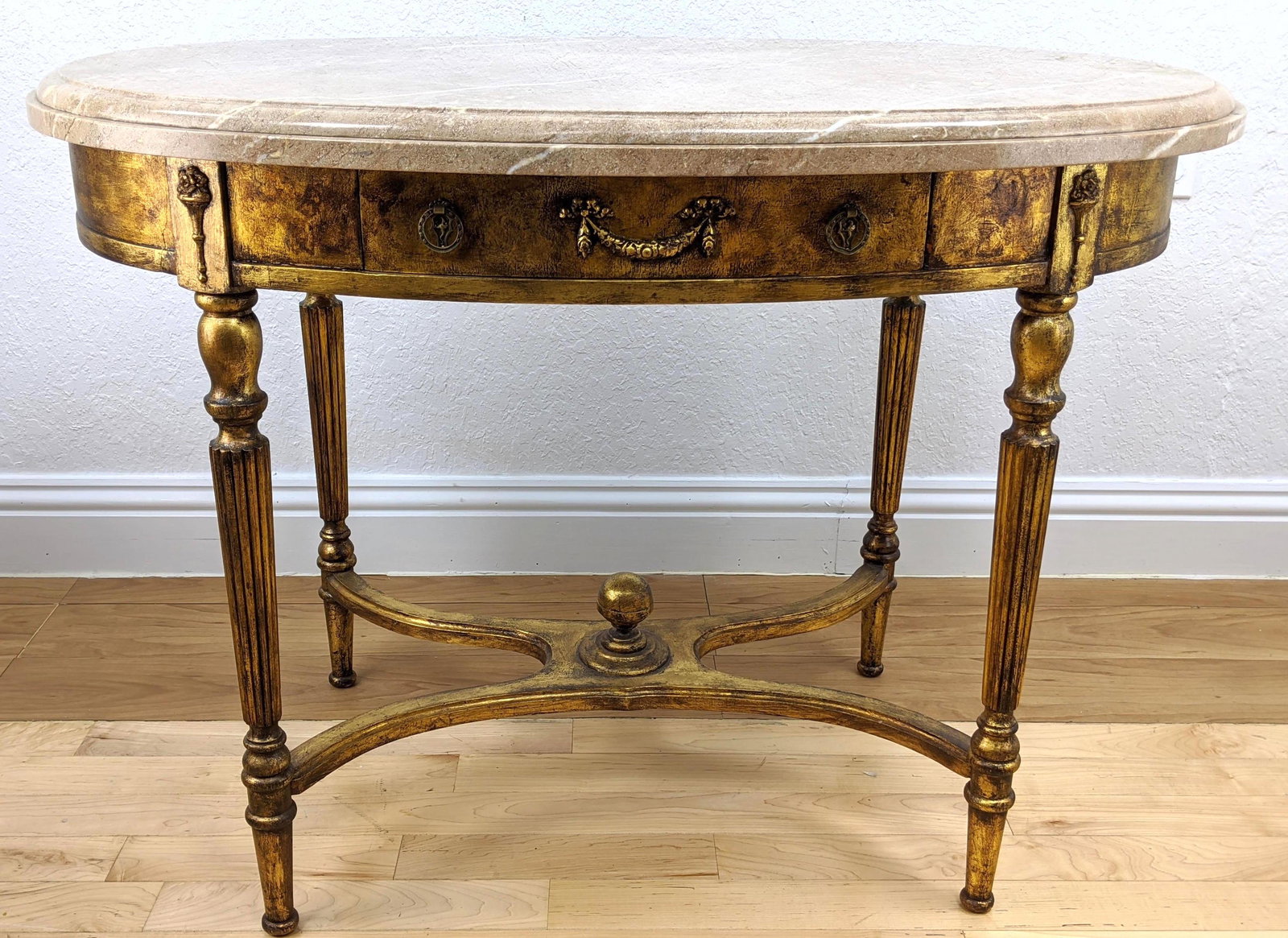 Oval Marble Top Gilt Wood Hall Table. Tapered reeded le (1 of 8)