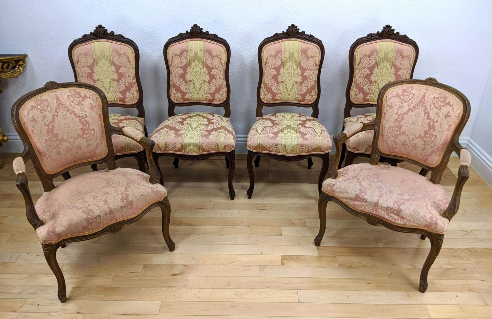 6pc French Carved Chairs. Pair of floral crest fauteuil (1 of 14)