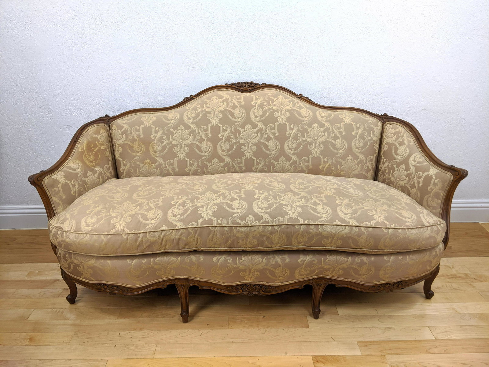 French Floral Carved Sofa. Damask upholstery. Down seat (1 of 12)