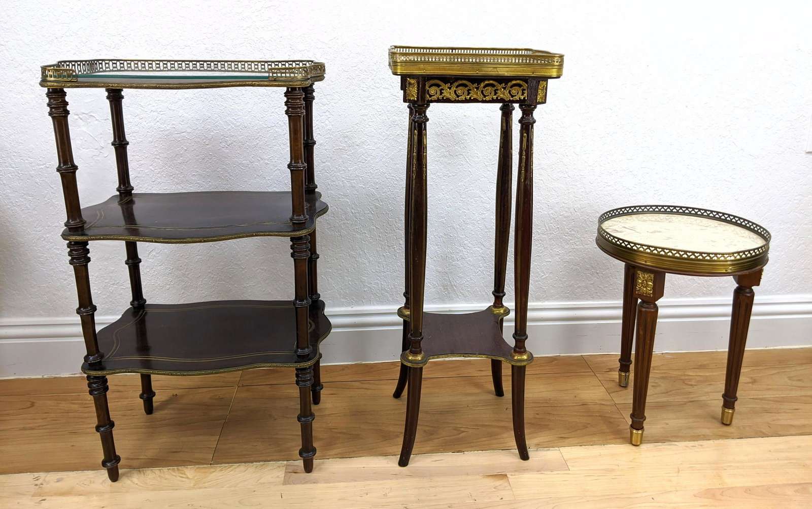 3pc Table, Stand, Shelf Lot. 2 marble tops with gallery (1 of 11)