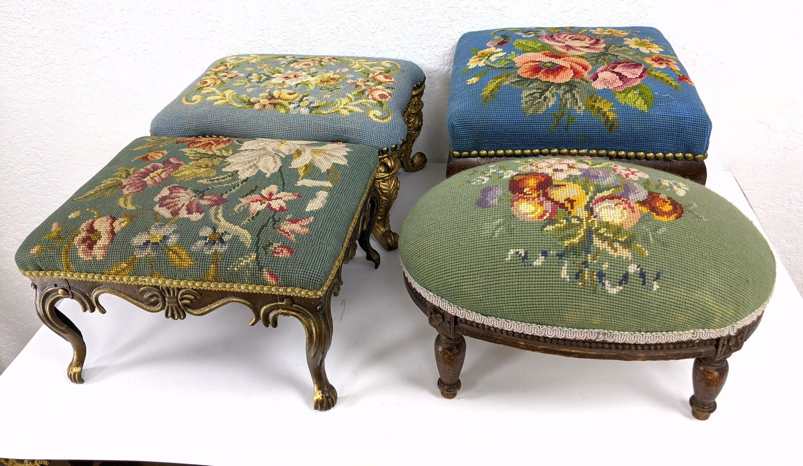 4 Needlepoint Foot Stools. 2 metal bases. 2 wood bases. (1 of 14)