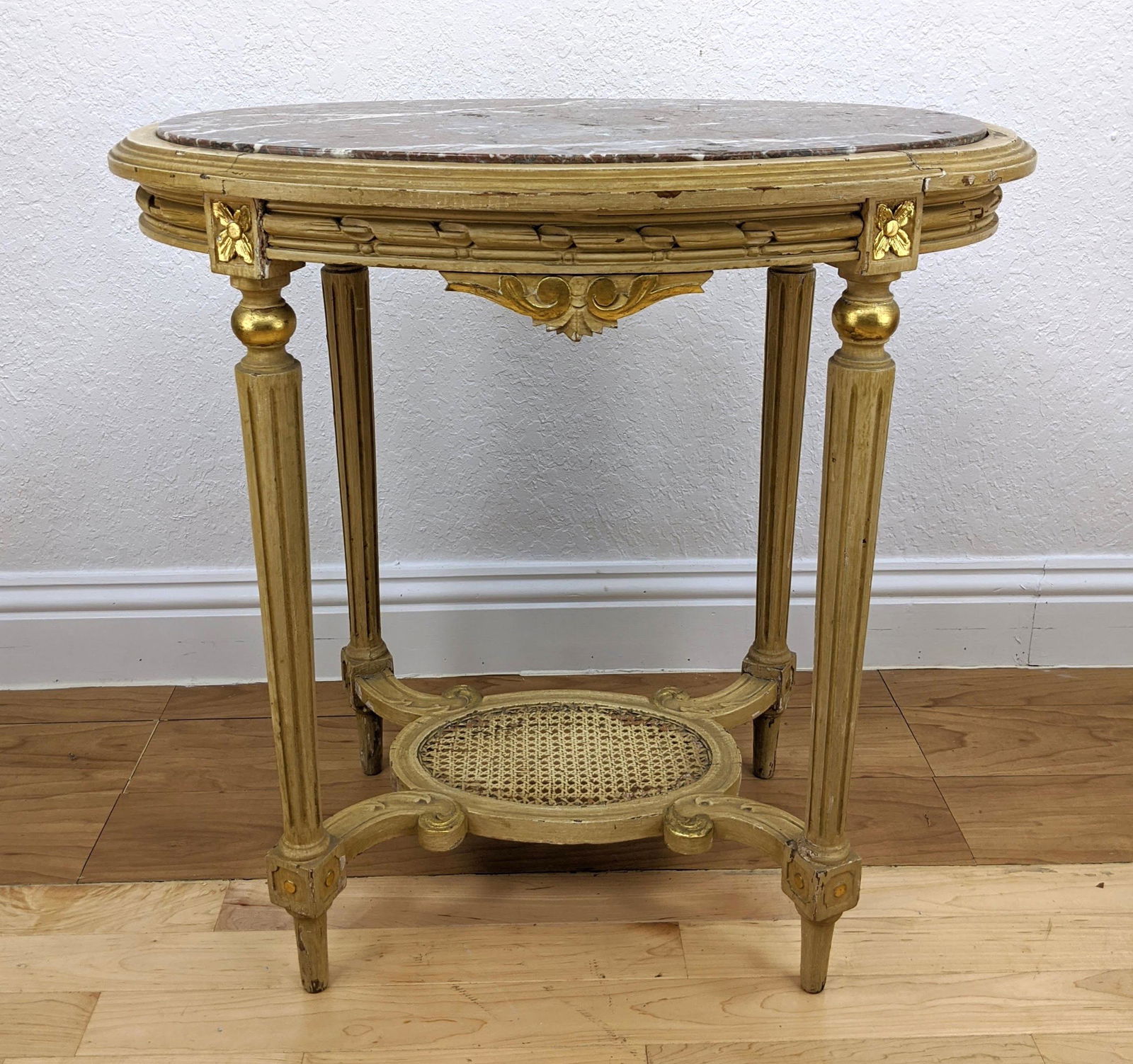 French Painted Wood Oval Marble Top Table. Reeded legs. (1 of 10)