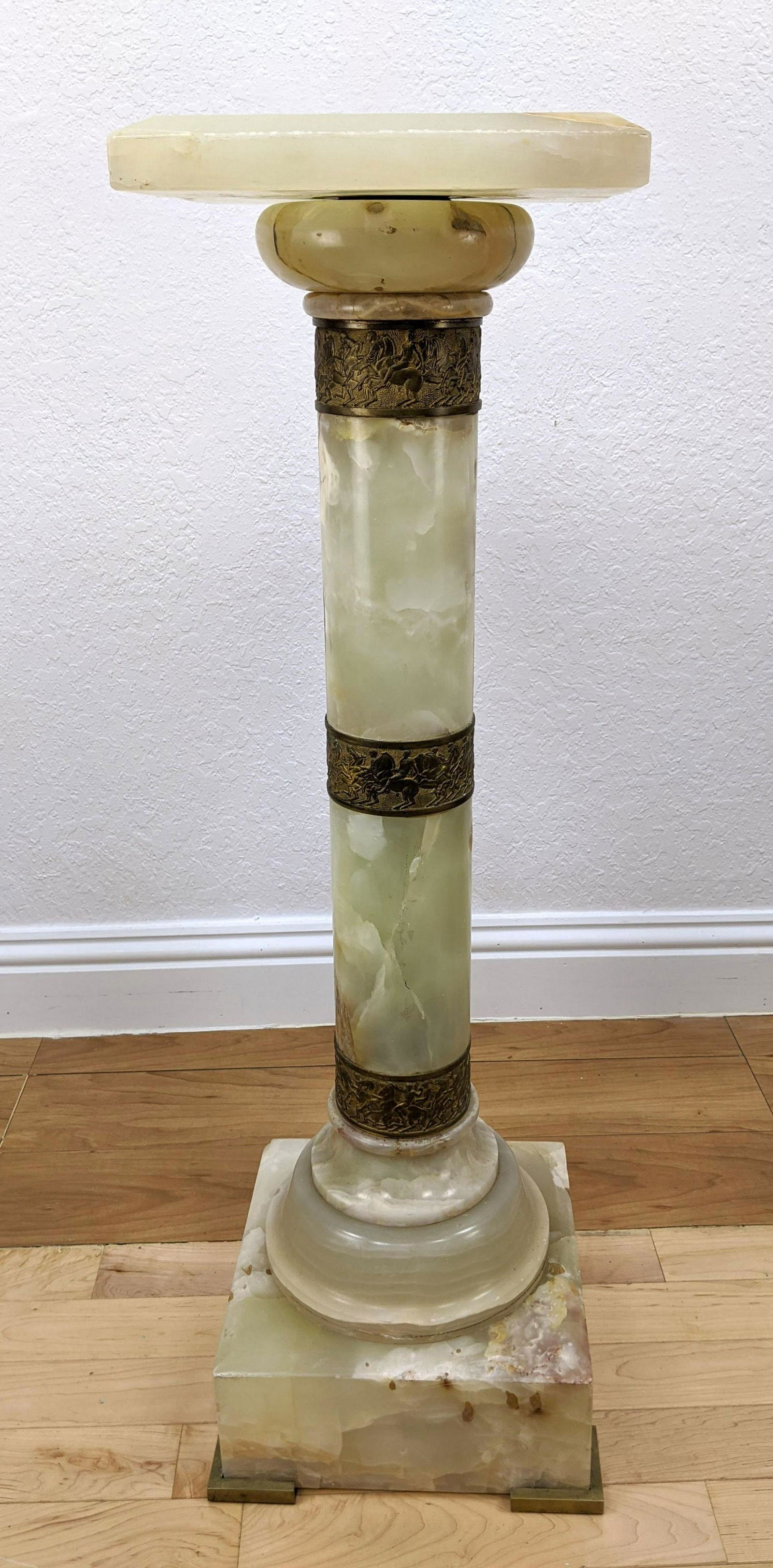 Antique Onyx Column Display Pedestal. 3 gilt bronze ban (1 of 13)