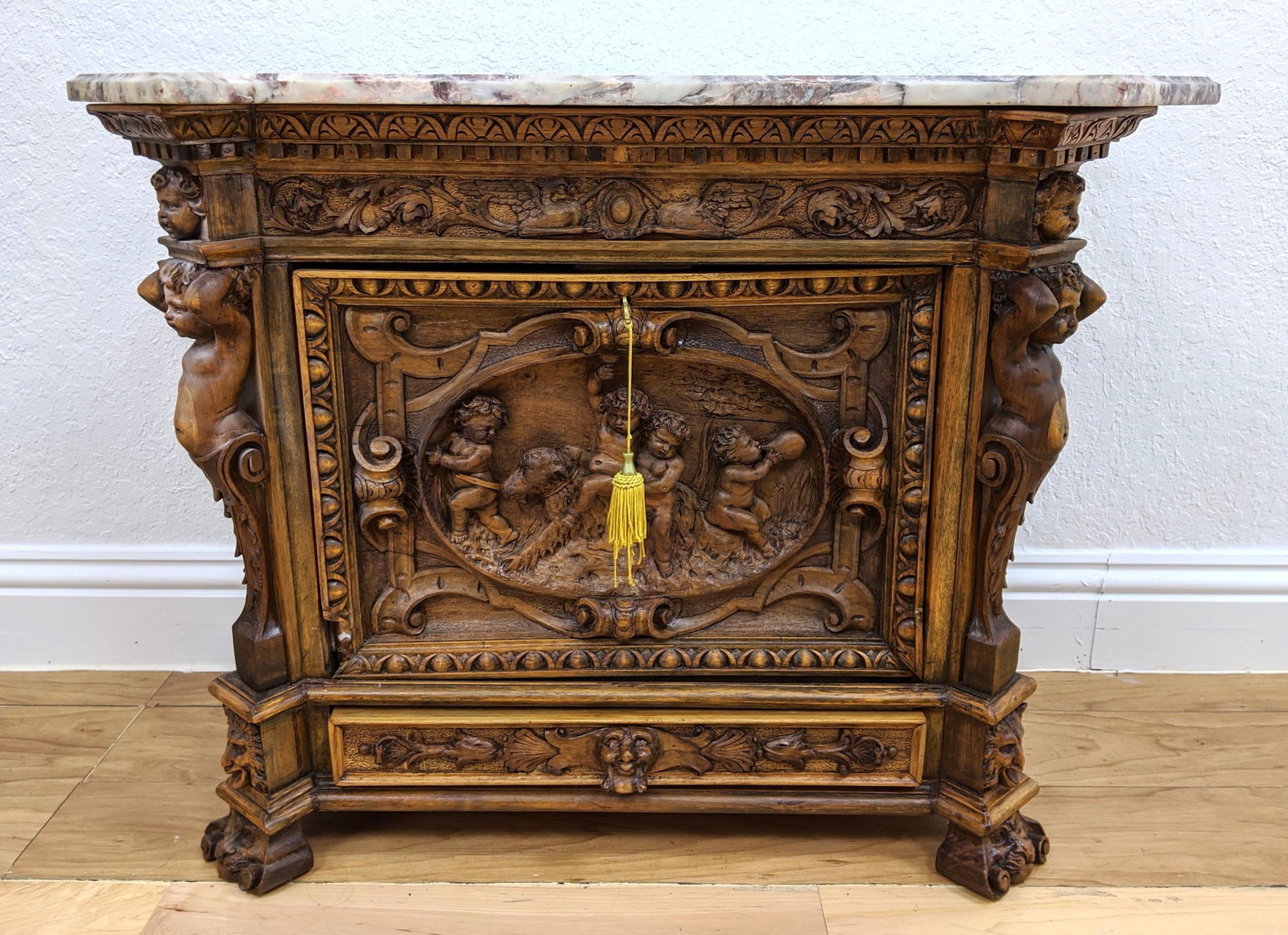 Marble Top Carved Italianate Cellarette. Carved cherub (1 of 8)