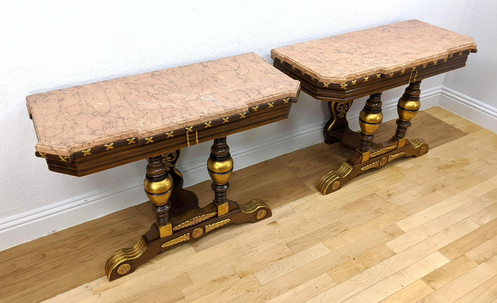 Pr Heavy Marble Top Hall Console Table. Thick Wood base (1 of 10)