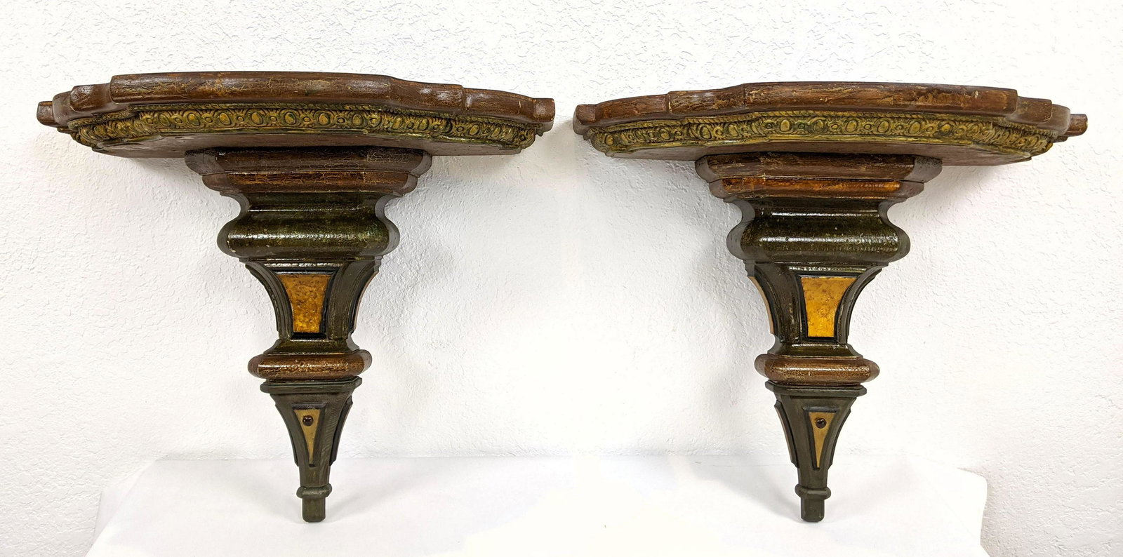 Pr Antique Wall Bracket Shelves Carved Wood, Paint Deco (1 of 10)