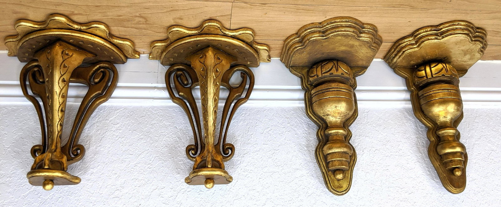 2 Pairs Gold Gilt Wall Bracket Shelves. One with scallo (1 of 6)