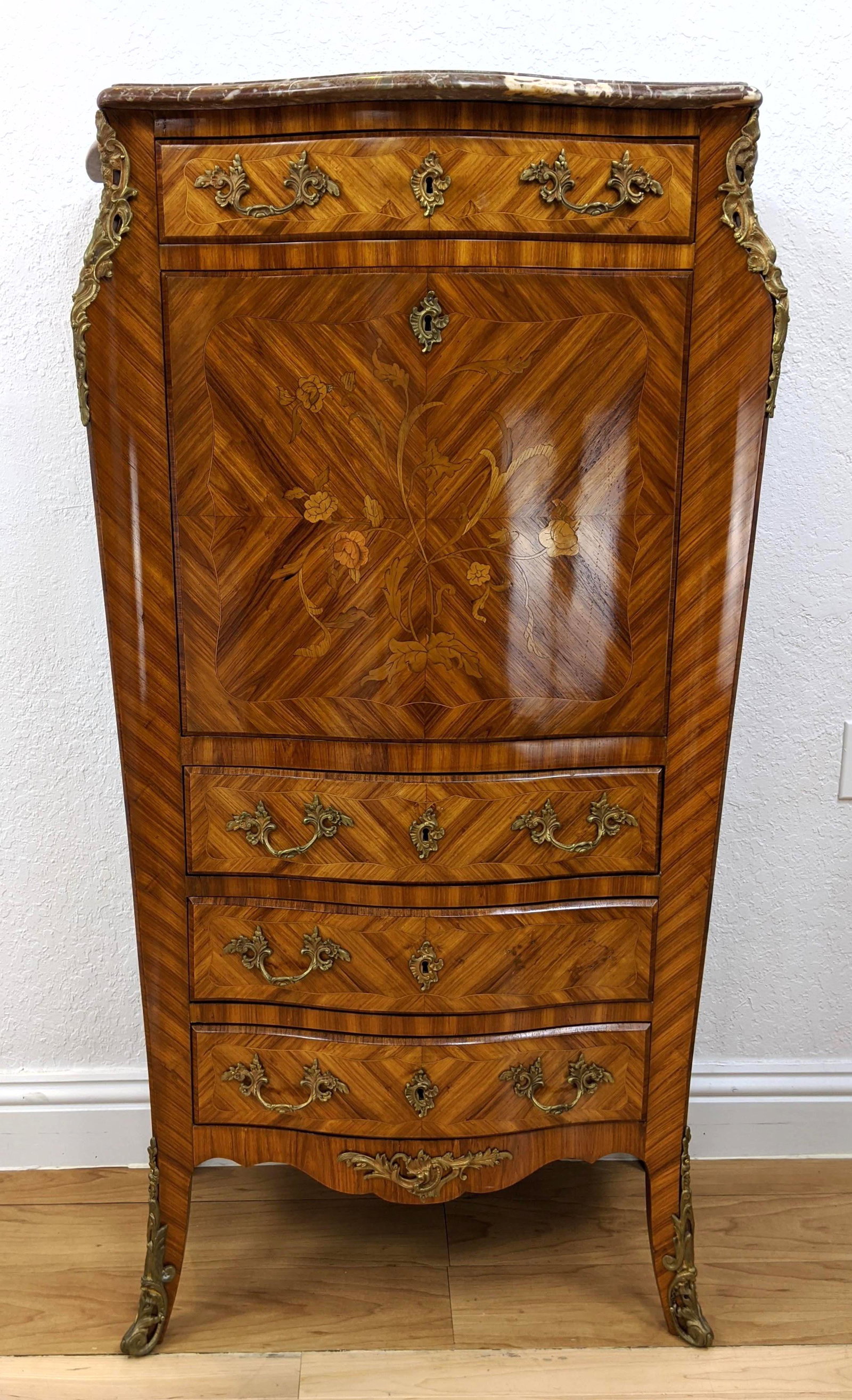 Marble Top French Abattant Secretaire Louis XVI Style.: Marble Top French Abattant Secretaire Louis XVI Style. Floral Marquetry Inlay. Diagonal marquetry on sides with pencil inlay. Bronze ormolu mounts. Drop front desk with fitted interior-- Dimensions: H