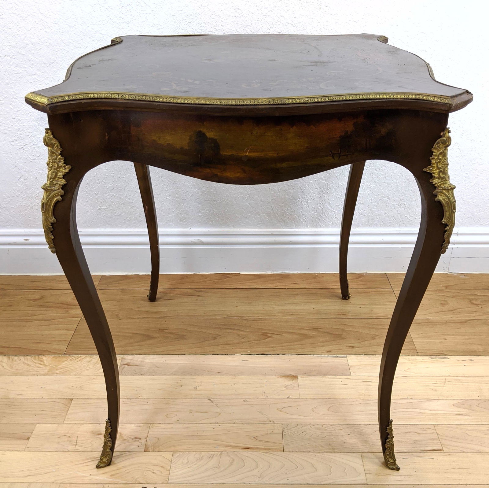 French Side Lamp Table Handpainted Top and Sides. Ormol: French Side Lamp Table Handpainted Top and Sides. Ormolu trim. Vernis Martin style painting.-- Dimensions: H: 29 inches: W: 25 inches: D: 25 inches ---