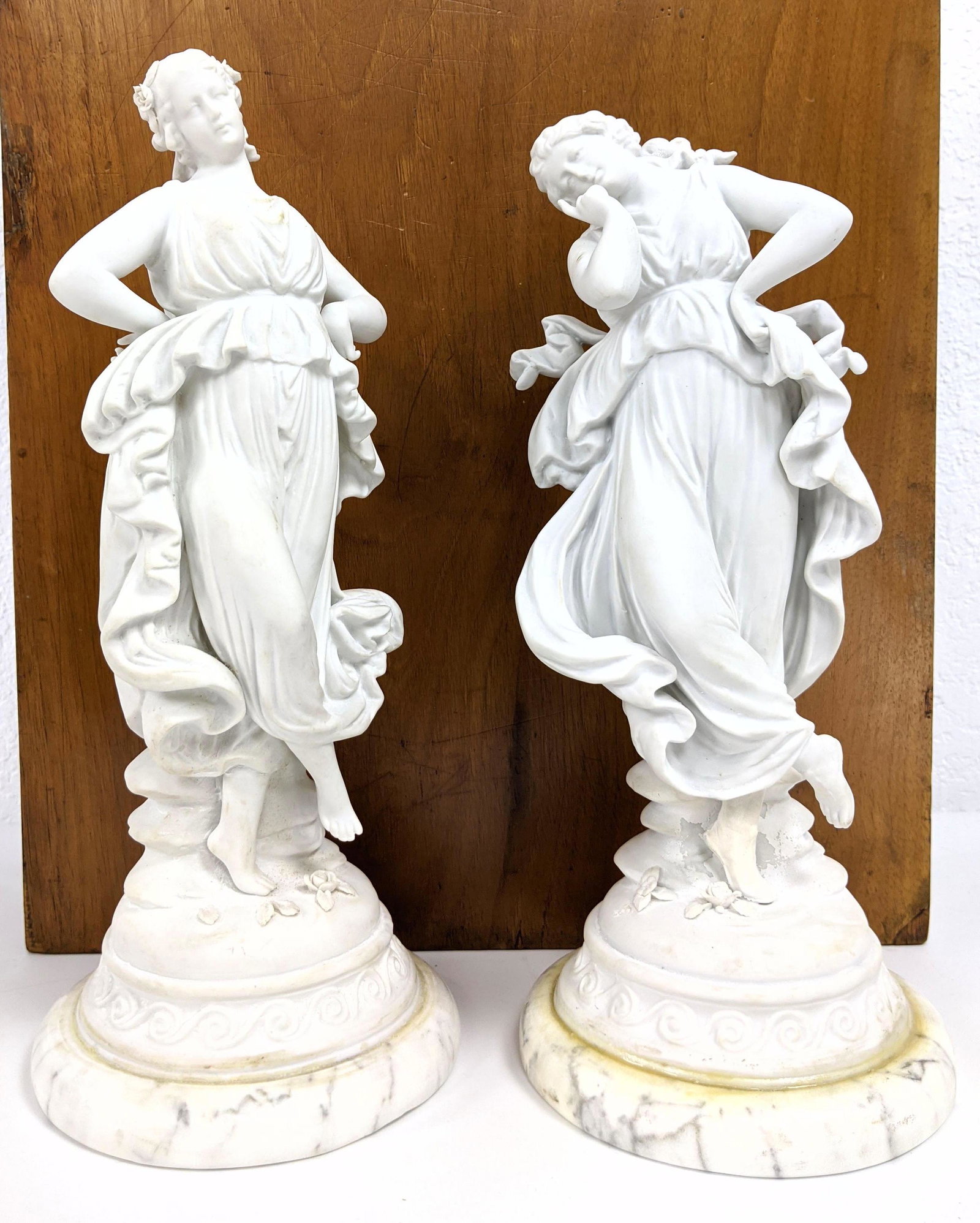 Pr SEVRES Type French Bisque Female Goddess Figures in: Pr SEVRES Type French Bisque Female Goddess Figures in Draped Robes. Marble bases. Sevres mark-- Dimensions: H: 13.5 inches: W: 6 inches: D: 6 inches ---