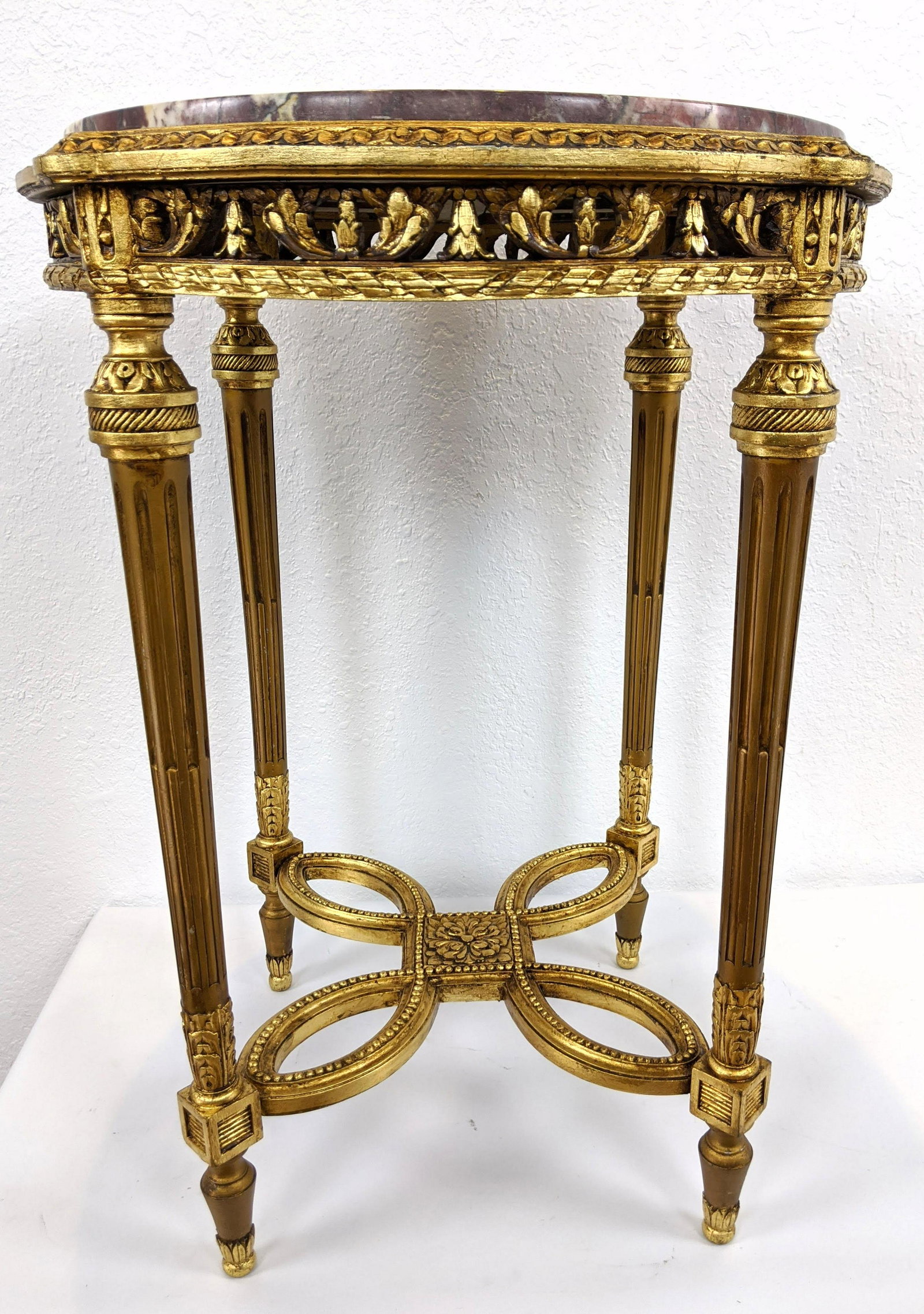 Marble Top French Gilt Wood Side Table. Fancy carved ba: Marble Top French Gilt Wood Side Table. Fancy carved base.-- Dimensions: H: 30.5 inches: W: 23 inches: D: 22 inches ---