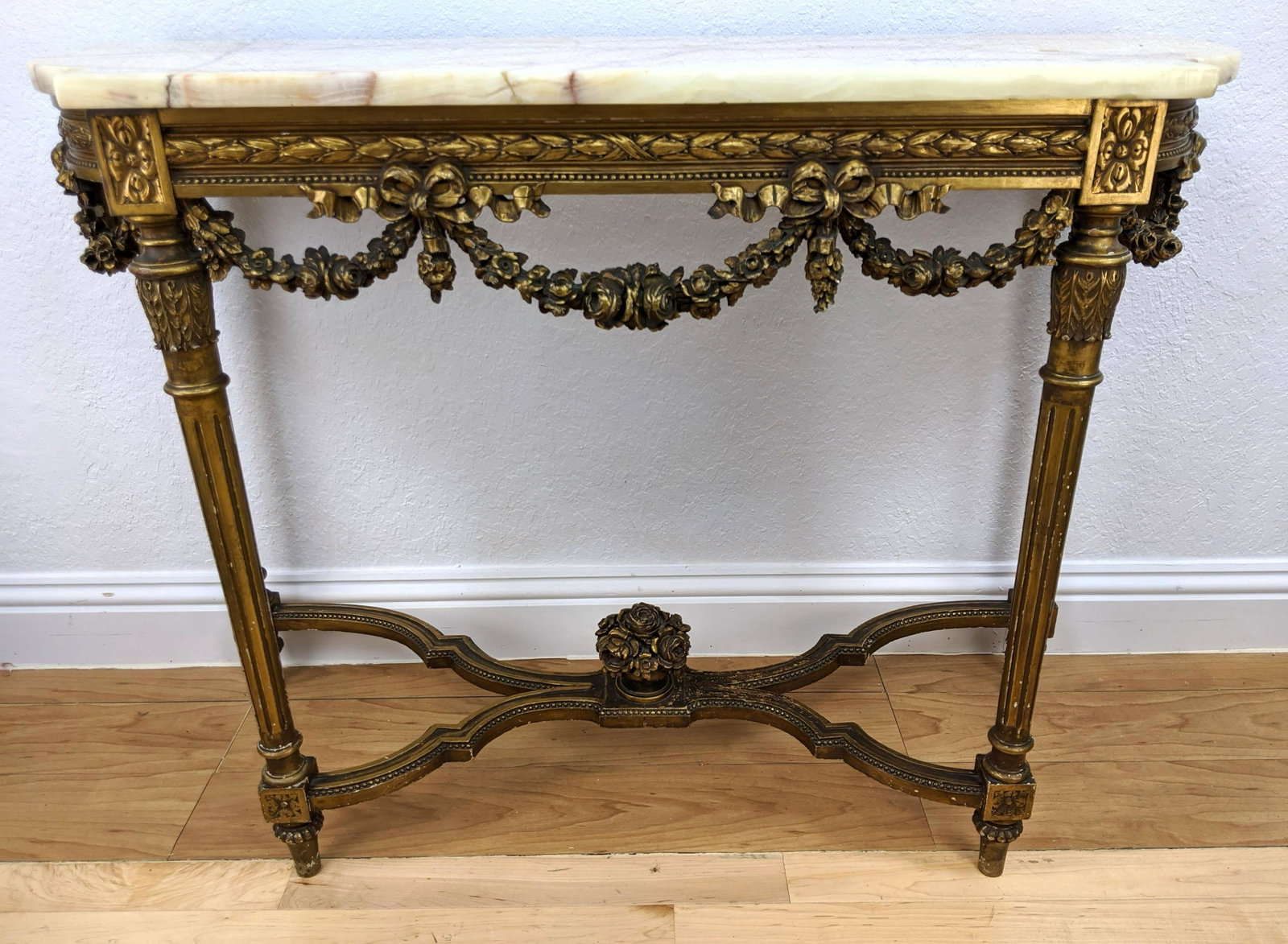 French Onyx Top Fancy Gilt Carved Wood Console Table: French Onyx Top Fancy Gilt Carved Wood Console Table-- Dimensions: 18"D x 35"H x 46.5"L