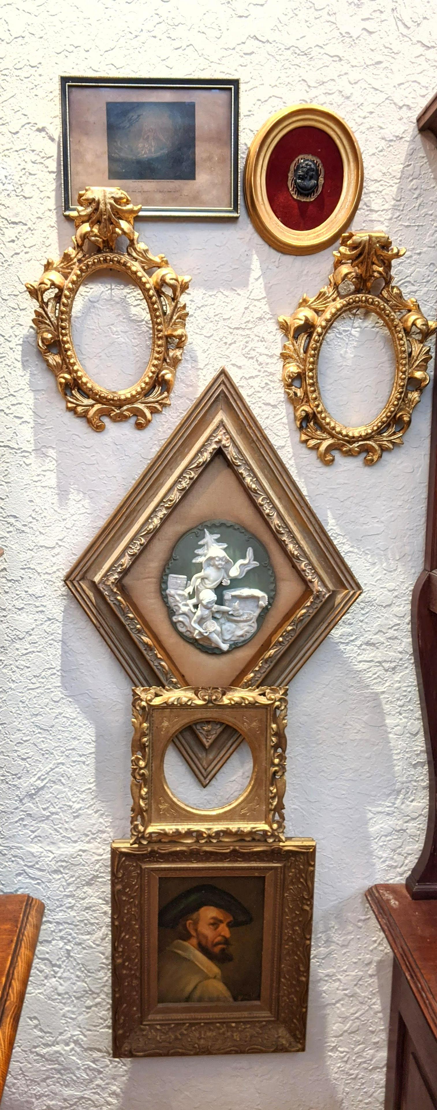 7pc Assorted Framed Wall Art. Vintage portrait painting: 7pc Assorted Framed Wall Art. Vintage portrait painting signed, oil on masonite. Pr of oval gilt carved framed. Other miscellaneous items-- Dimensions: H: 29 inches: W: 14.5 inches ---