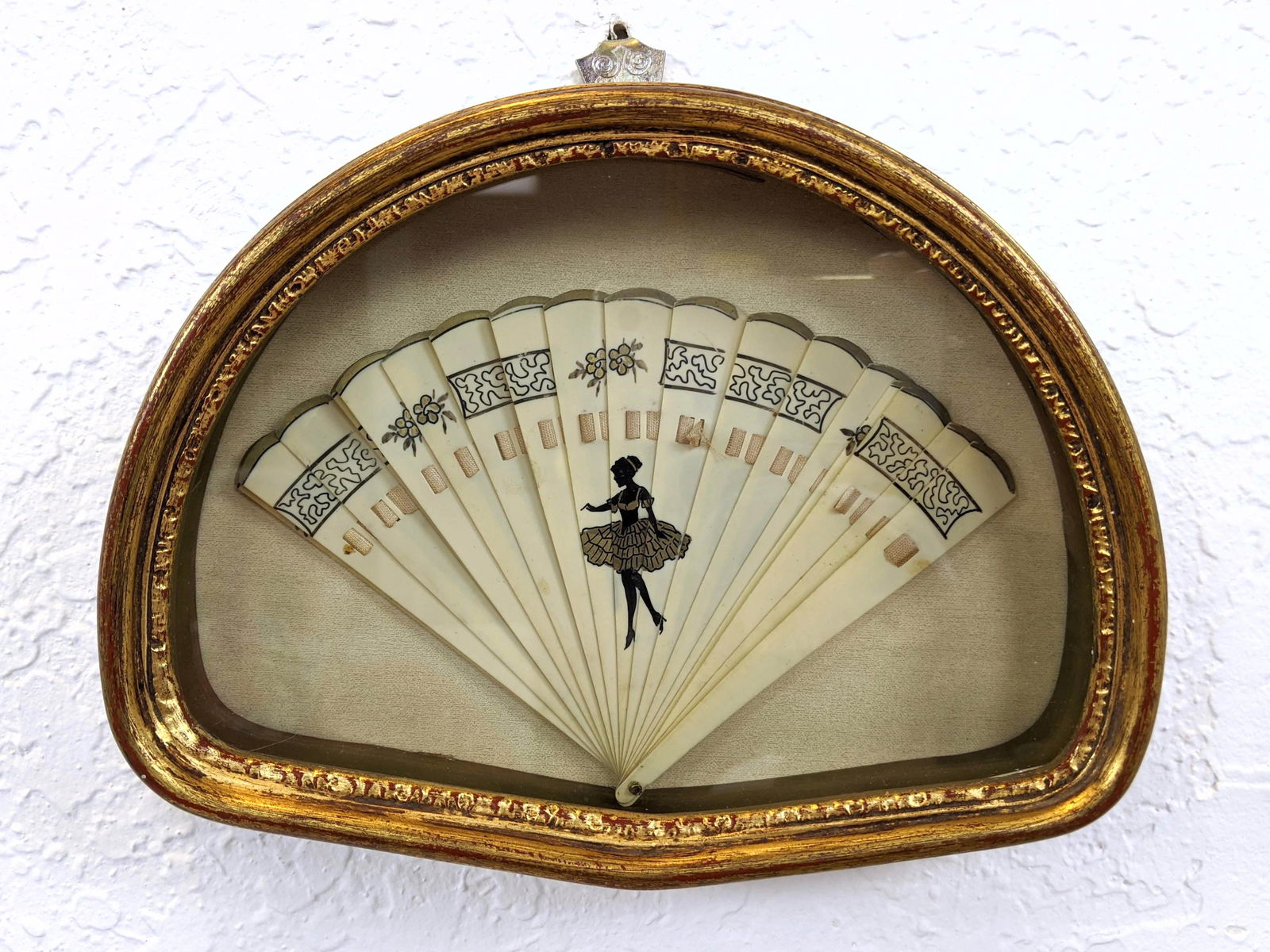 Cowbone Antique Framed Fan. Art Deco dancer. Gilt wood: Cowbone Antique Framed Fan. Art Deco dancer. Gilt wood shadow box frame-- Dimensions: H: 5 inches: W: 7 inches ---