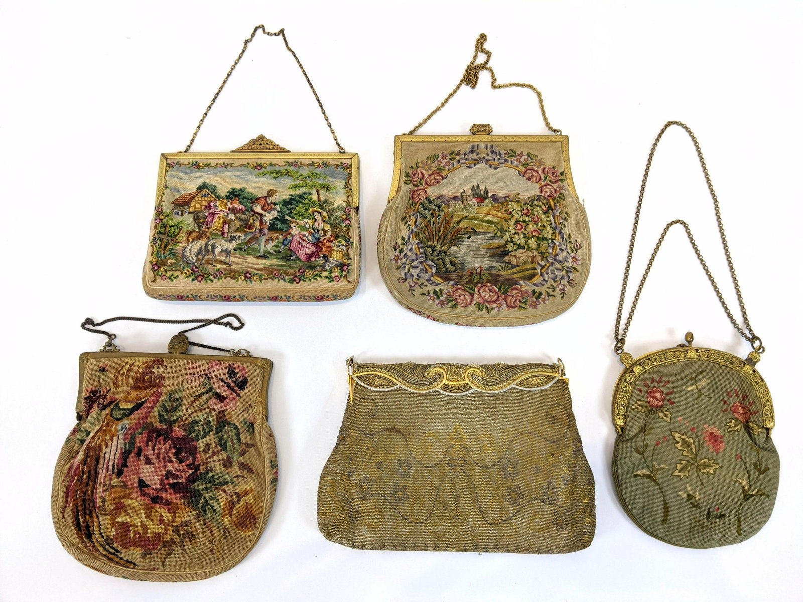 Lot of Antique Petit Point and Seed Bead Bags & Purses.: Lot of Antique Petit Point and Seed Bead Bags & Purses. Probably French & German. The beaded bag is marked Made in France on clasp. Most with fancy clasps-- Dimensions: H: 7.5 inches: W: 7.5 inches --