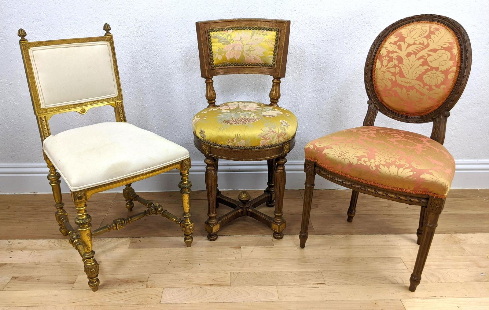3 French Style Side Chairs. One with Fortuny style dama: 3 French Style Side Chairs. One with Fortuny style damask fabric, carved back. 2) Gold floral damask seat and back on textured gold paint frame. 3) Off white fabric painted gilt frame-- Dimensions: H: