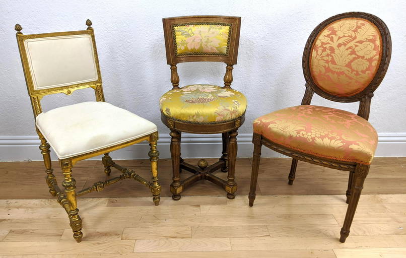 3 French Style Side Chairs. One with Fortuny style dama Oct 27, 2020