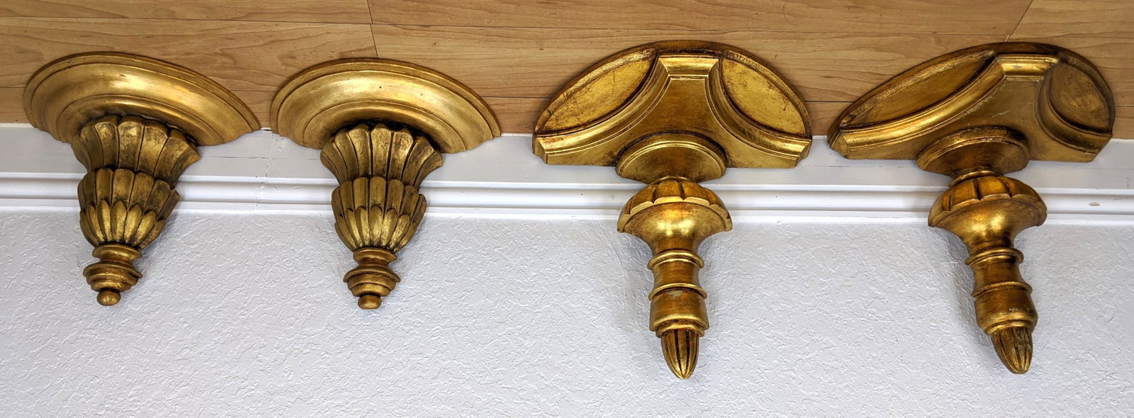 2 Pair Gold Gilt Painted Wood Wall Brackets. One with p: 2 Pair Gold Gilt Painted Wood Wall Brackets. One with pediment form.-- Dimensions: H: 17 inches: W: 18 inches: D: 9 inches ---