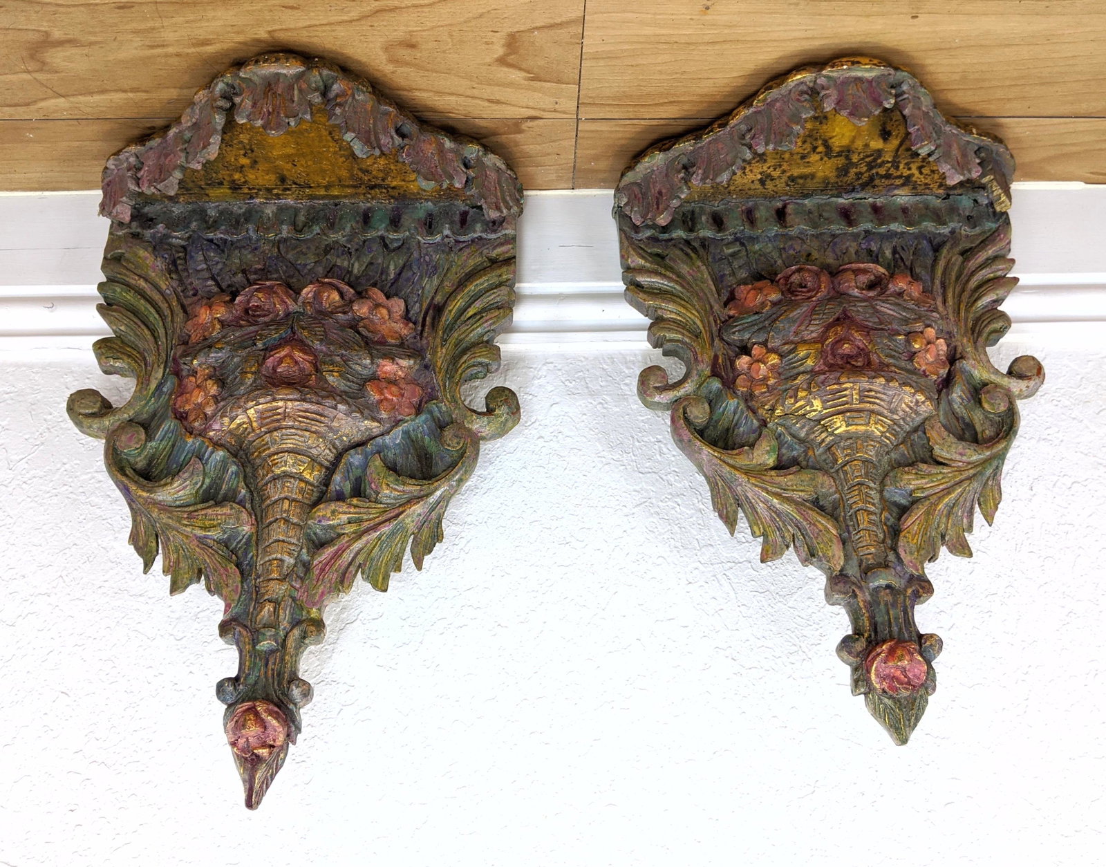 Pr Wood Wall Shelf Brackets Colorful Painted Flower Bas: Pr Wood Wall Shelf Brackets Colorful Painted Flower Basket. Ornate-- Dimensions: H: 20 inches: W: 14 inches: D: 7 inches ---