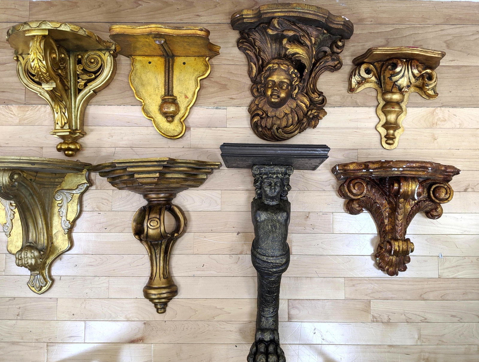 8 Decorative Wall Brackets Shelves. Some gilt. Some woo: 8 Decorative Wall Brackets Shelves. Some gilt. Some wood. Some plaster. Largest one is 27Ó tall-- Dimensions: ---