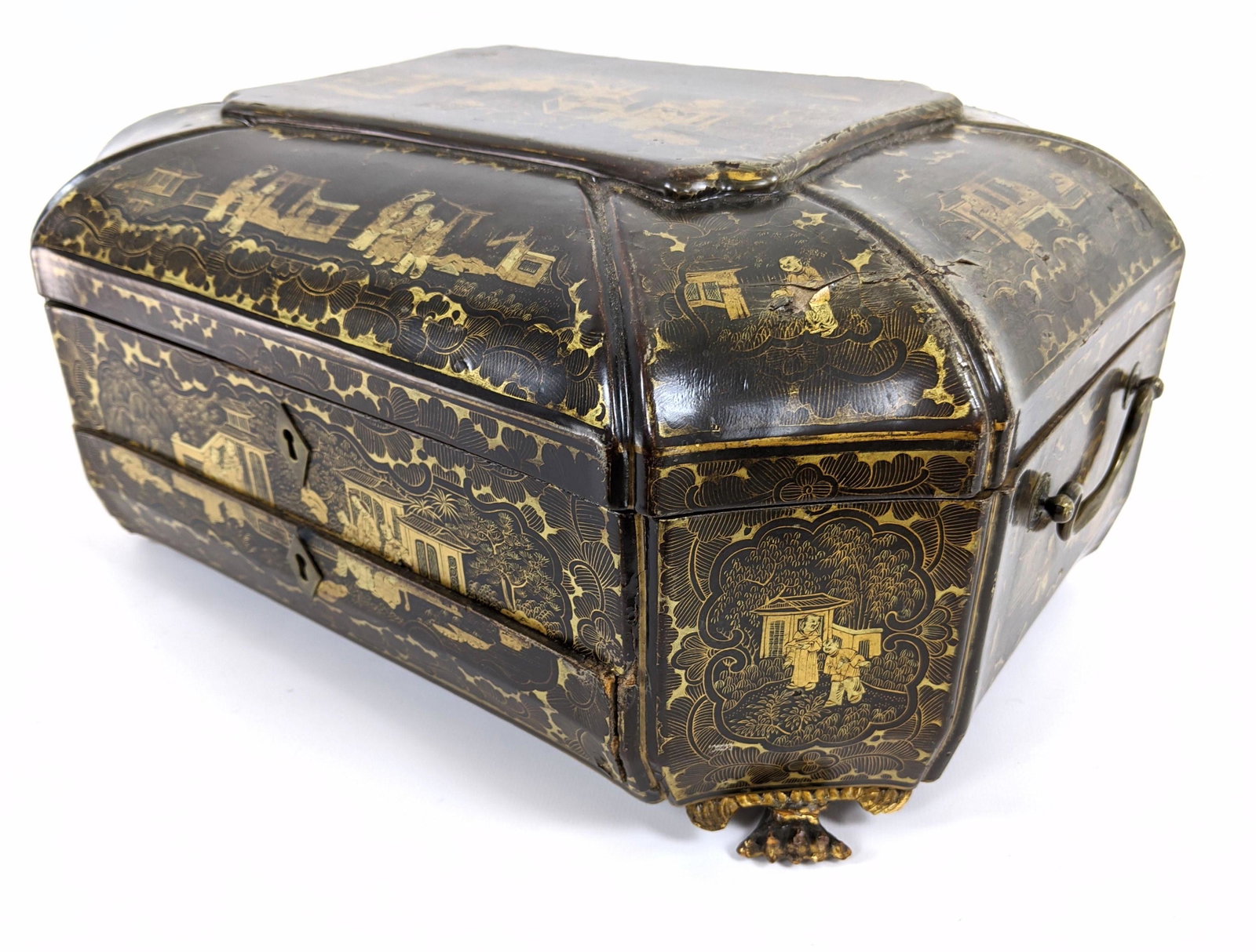 Antique Lacquer Decorated Sewing Box. Hinged lid. Fine: Antique Lacquer Decorated Sewing Box. Hinged lid. Fine painting detail. Vintage Owen Humble sticker-- Dimensions: H: 6.5 inches: W: 15 inches: D: 10.5 inches ---