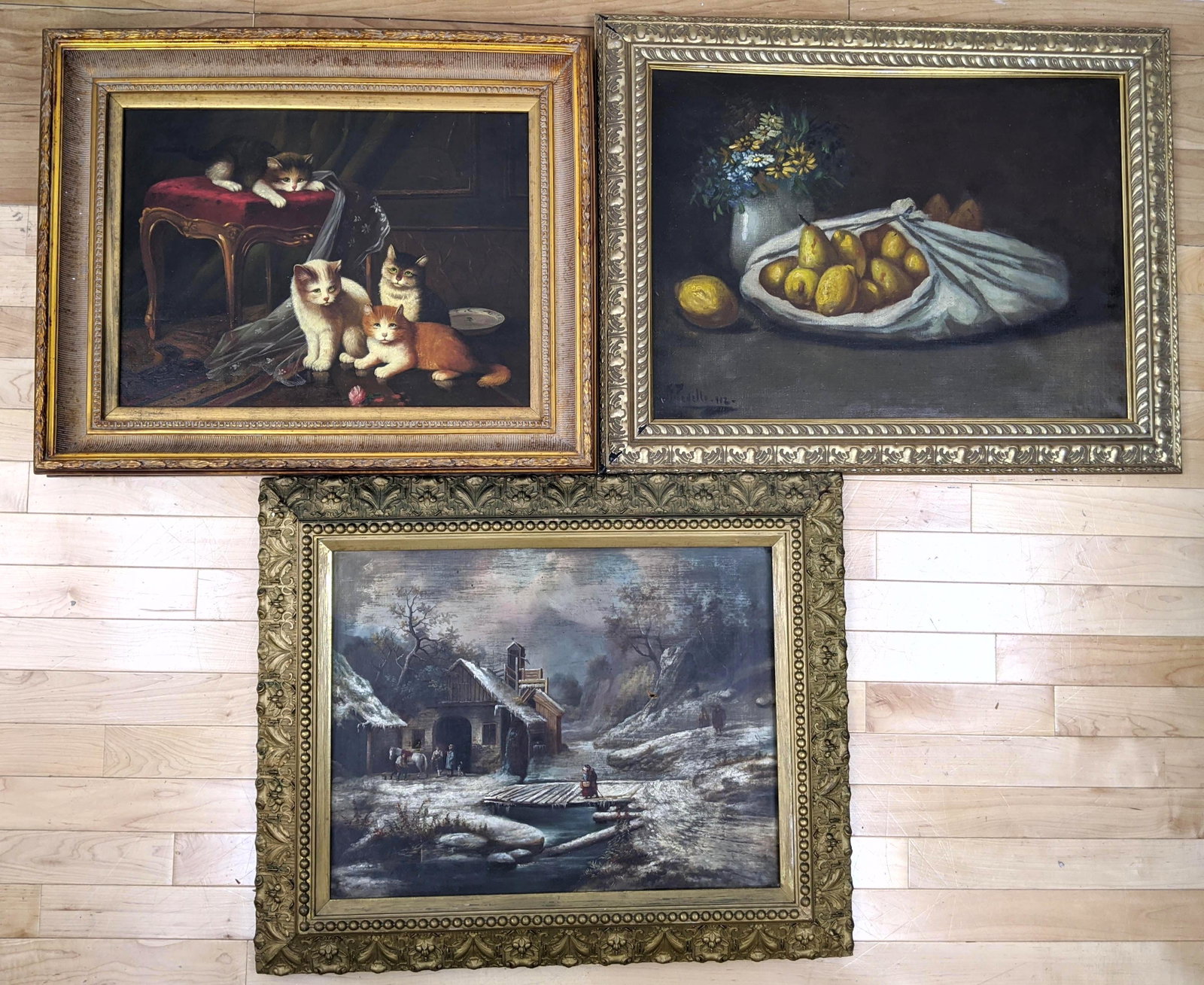3 Oil Painting. Kittens. Lemons. Snowscape. Lemon paint: 3 Oil Painting. Kittens. Lemons. Snowscape. Lemon painting is signed-- Dimensions: H: 28 inches: W: 34 inches ---