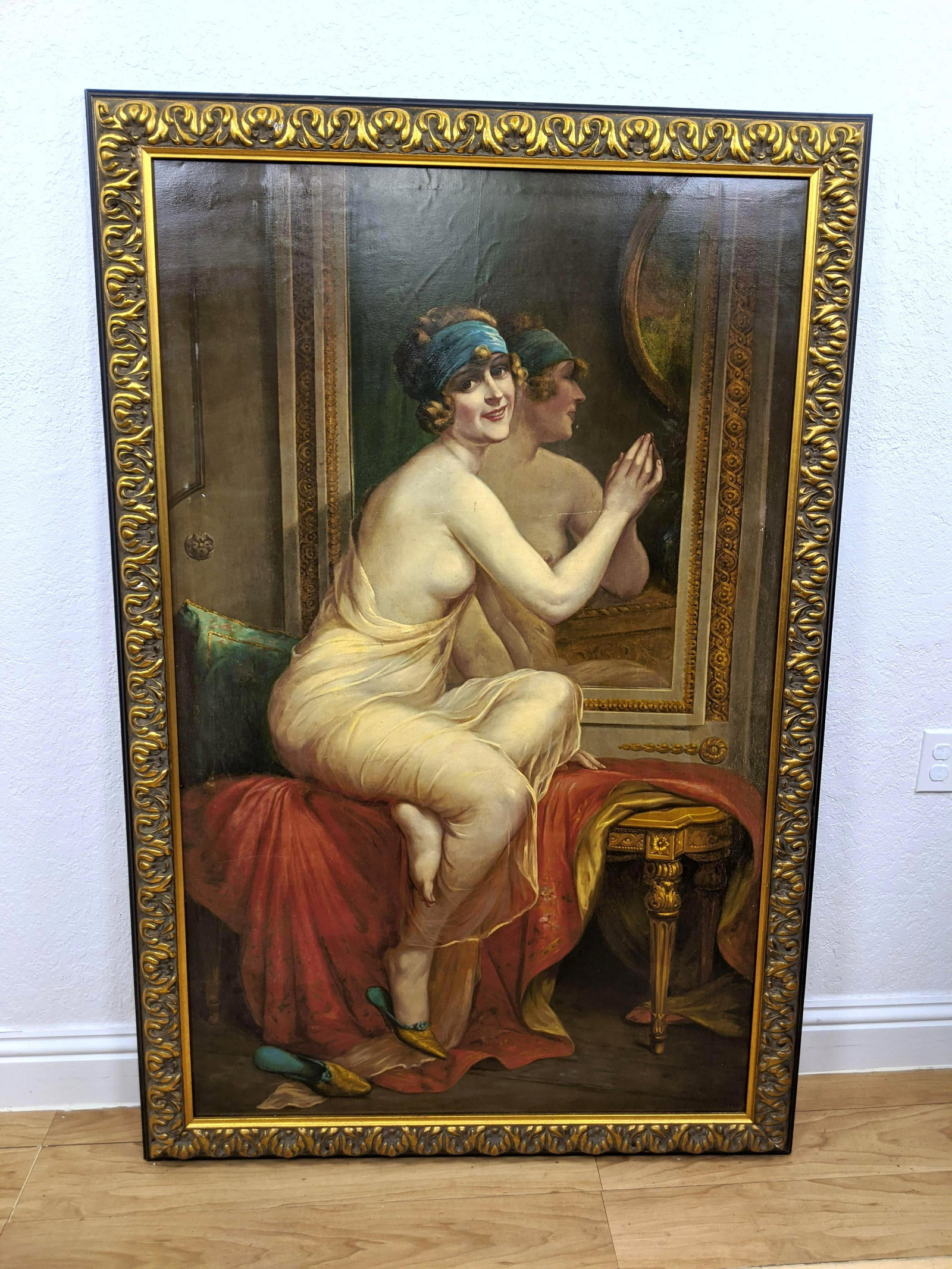 Lg Print on Canvas Woman at Mirror in Underclothes. Fan: Lg Print on Canvas Woman at Mirror in Underclothes. Fancy gold gilt decorated frame-- Dimensions: H: 56.5 inches: W: 35 inches ---