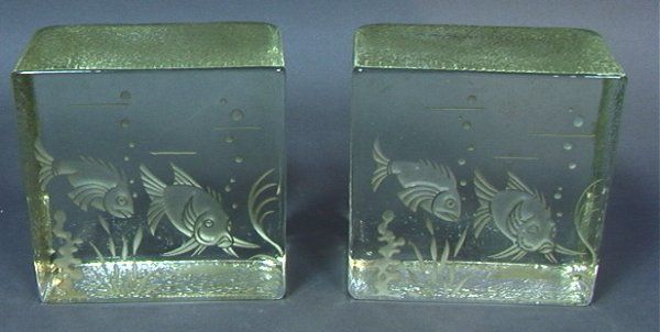 Pair Art Deco Fish Glass Block Bookends. Deeply