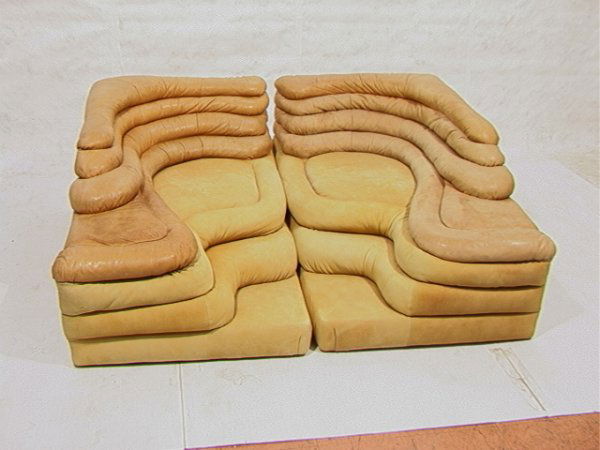 2pcs Ublad Klug De Sede Terazza Lounge Sofas. Ta: 2pcs Ublad Klug De Sede Terazza Lounge Sofas. Tan Leather and Suede. Imported by Stendig. Dimensions: H: 26 inches: W: 61 inches: D: 35 inches Condition (General) Please contact us with specific quest
