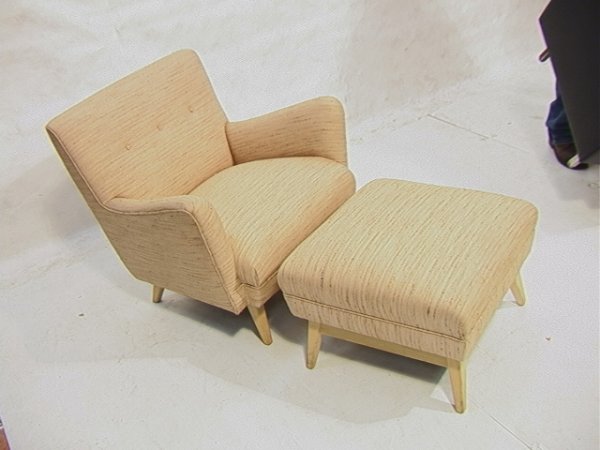 Jens RISOM Lounge Chair and Ottoman.Tapered Legs.: Jens RISOM Lounge Chair and Ottoman.Tapered Legs. Unmarked. Nicely Upholstered. Dimensions: H: 31 inches: W: 32 inches: D: 30 inches Condition (General) Please contact us with specific questions about
