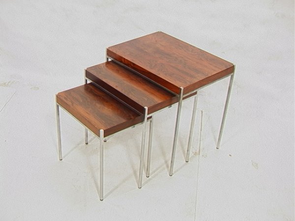 Set Rosewood and Chrome Nesting Tables. Italian.: Set Rosewood and Chrome Nesting Tables. Italian. Square chrome frame. Dimensions: H: 20 inches: W: 22 inches: D: 16 inches Condition (General) Please contact us with specific questions about condition