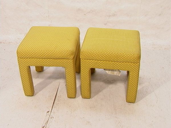 Pair Selig Ottoman Footstools Parsons Style. Lab: Pair Selig Ottoman Footstools Parsons Style. Labeled. Dimensions: H: 18 inches: W: 19 inches: D: 19 inches Condition (General) Please contact us with specific questions about condition, not visible in