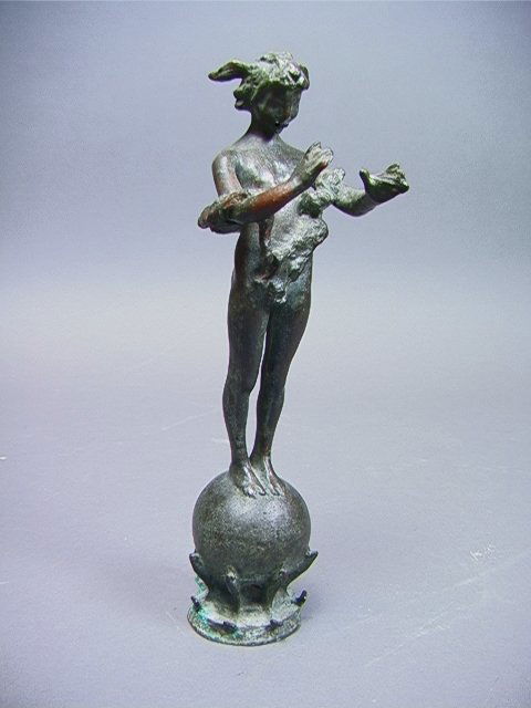 FREDERIC MacMONNIES Bronze PAN of ROHALLION. Bro: FREDERIC MacMONNIES Bronze PAN of ROHALLION. Bronze figure of Pan on globe with fish. Sgnd France 1890. Dimensions: H: 10 inches: W: 3.5 inches: D: 3 inches Condition (General) Please contact us with