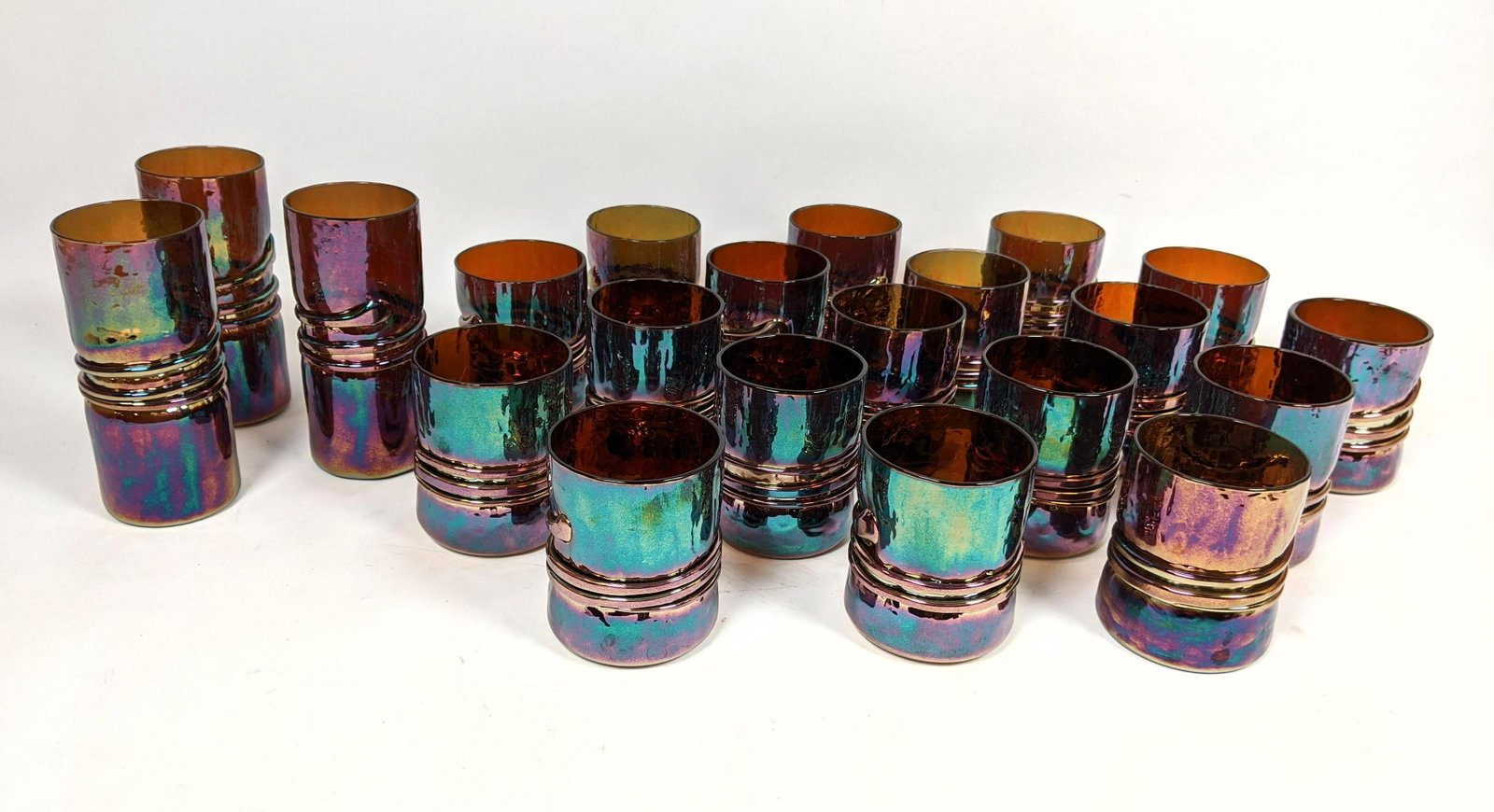 21pcs ESTEBAN PRIETO Art Glass Tumblers. Colorful glas: 21pcs ESTEBAN PRIETO Art Glass Tumblers. Colorful glasses. Signed.-- Dimensions: H: 5.75 inches: W: 2.5 inches: D: 2.5 inches ---