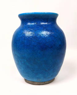 Raoul Lachenal Rich Turquoise Glazed Pottery Vase. Thi: Raoul Lachenal Rich Turquoise Glazed Pottery Vase. Thick volcanic glaze on simple form. Marked. -- Dimensions: H: 7 inches: W: 5.5 inches: D: 4.5 inches ---