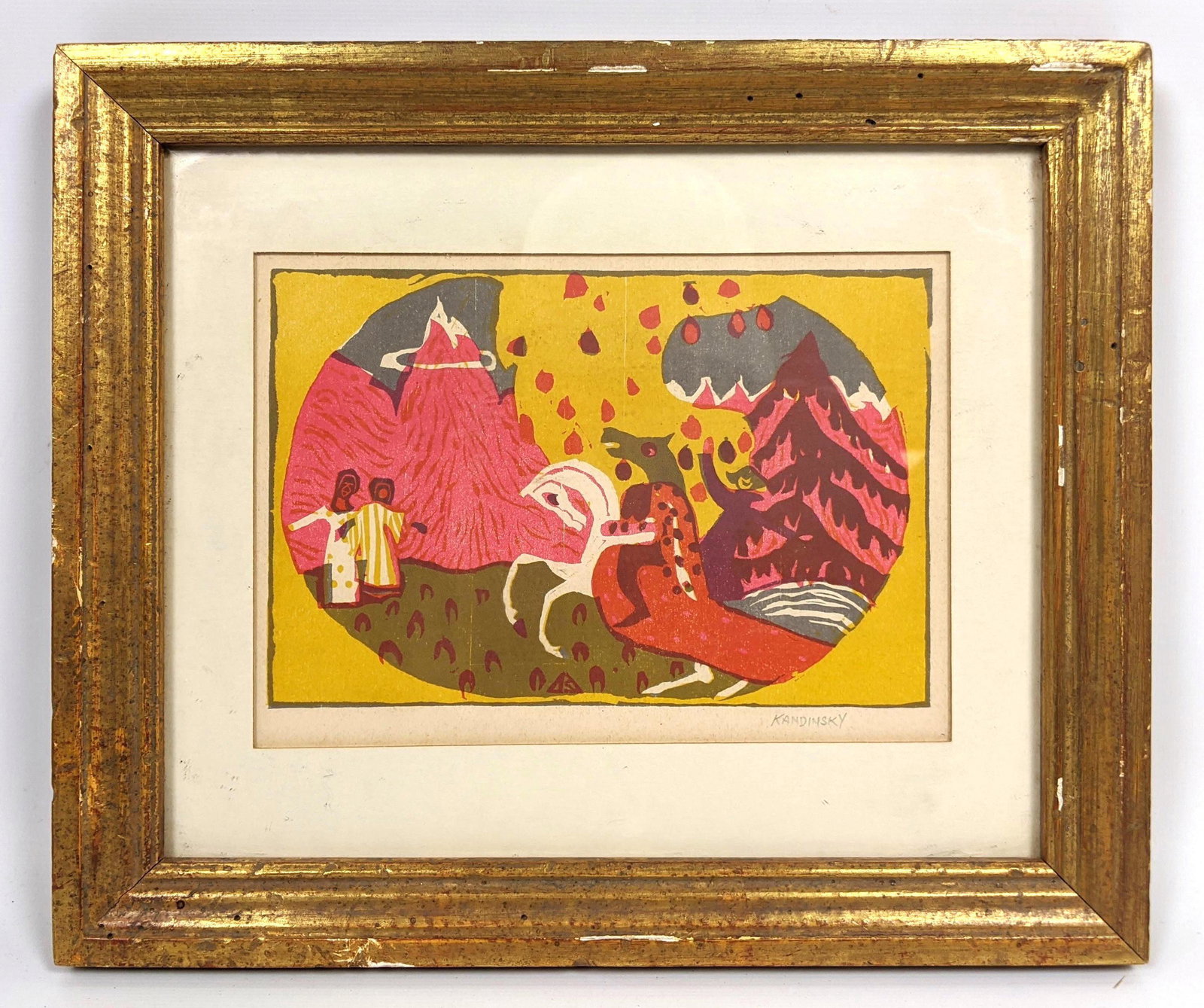 WASSILY KANDINSKY Woodcut 1913. Plate folio 35 from Kla: WASSILY KANDINSKY Woodcut 1913. Plate folio 35 from Klange. Pencil Signed. Mountains Berge. -- Dimensions: Image Size: H: 5.25 inches: W: 7.25 inches -- FRAME SIZE: Frame Height 9.5 inches - Frame Wid