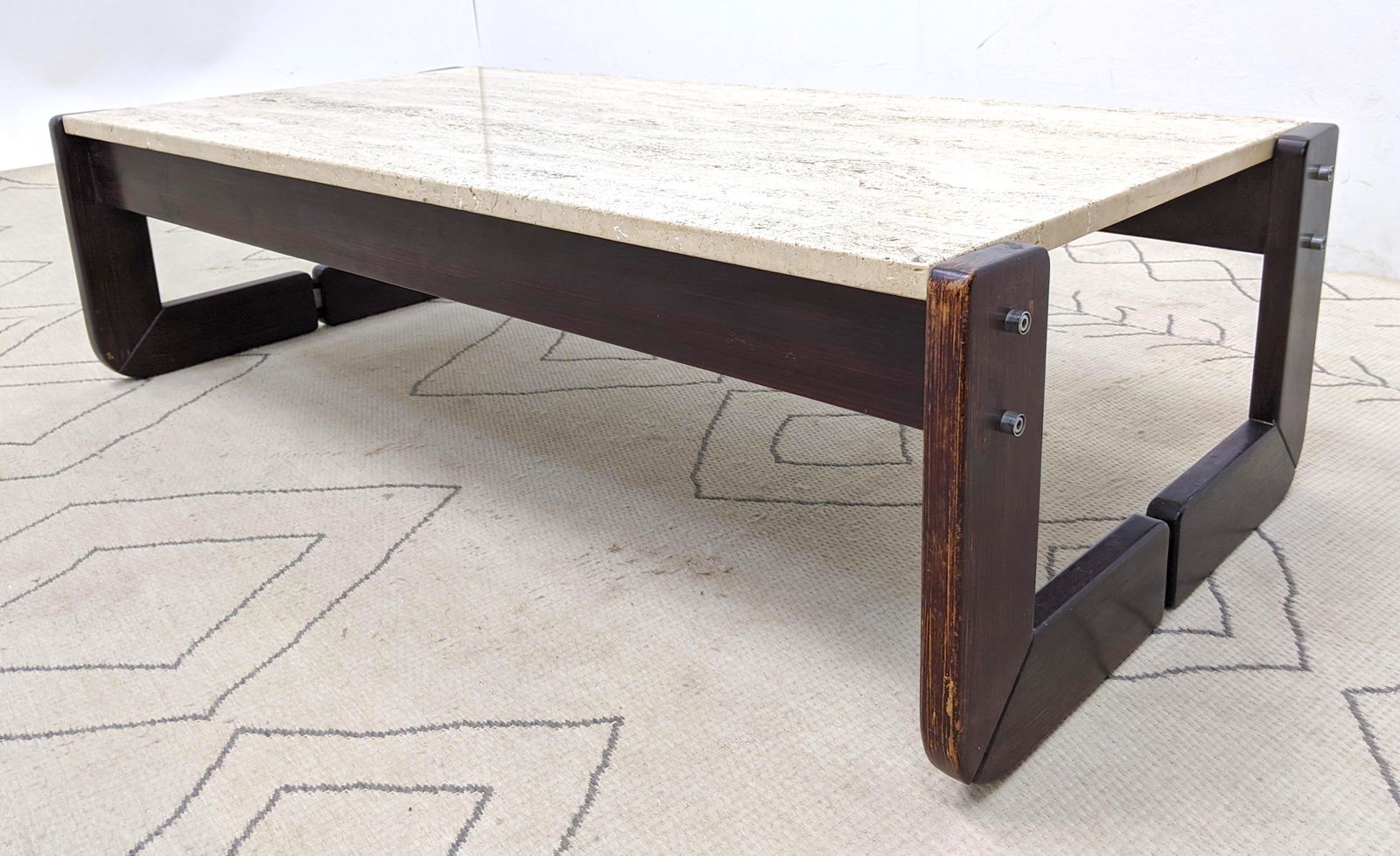 LAFER Rosewood and Travertine Coffee Cocktail Table.: LAFER Rosewood and Travertine Coffee Cocktail Table. -- Dimensions: H: 14 inches: W: 49.5 inches: D: 23 inches ---