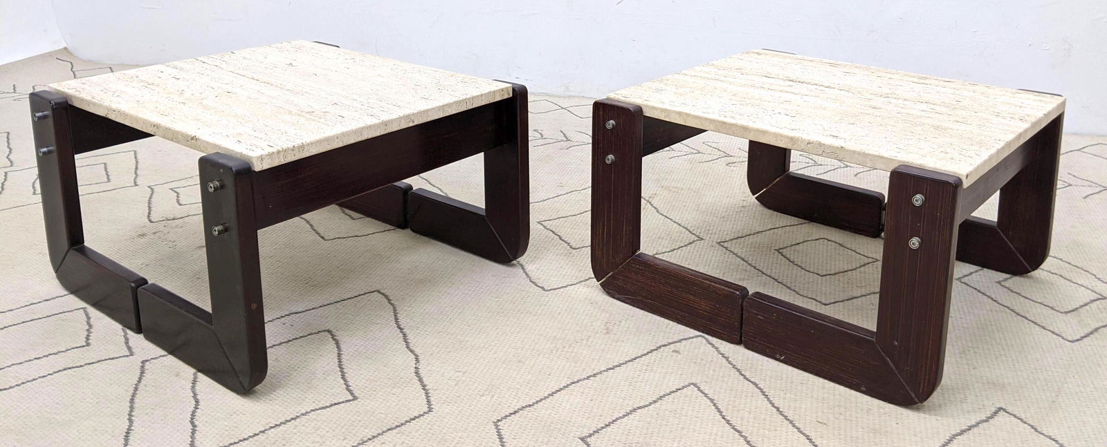 LAFER Rosewood and Travertine Side End Tables. (1 of 13)