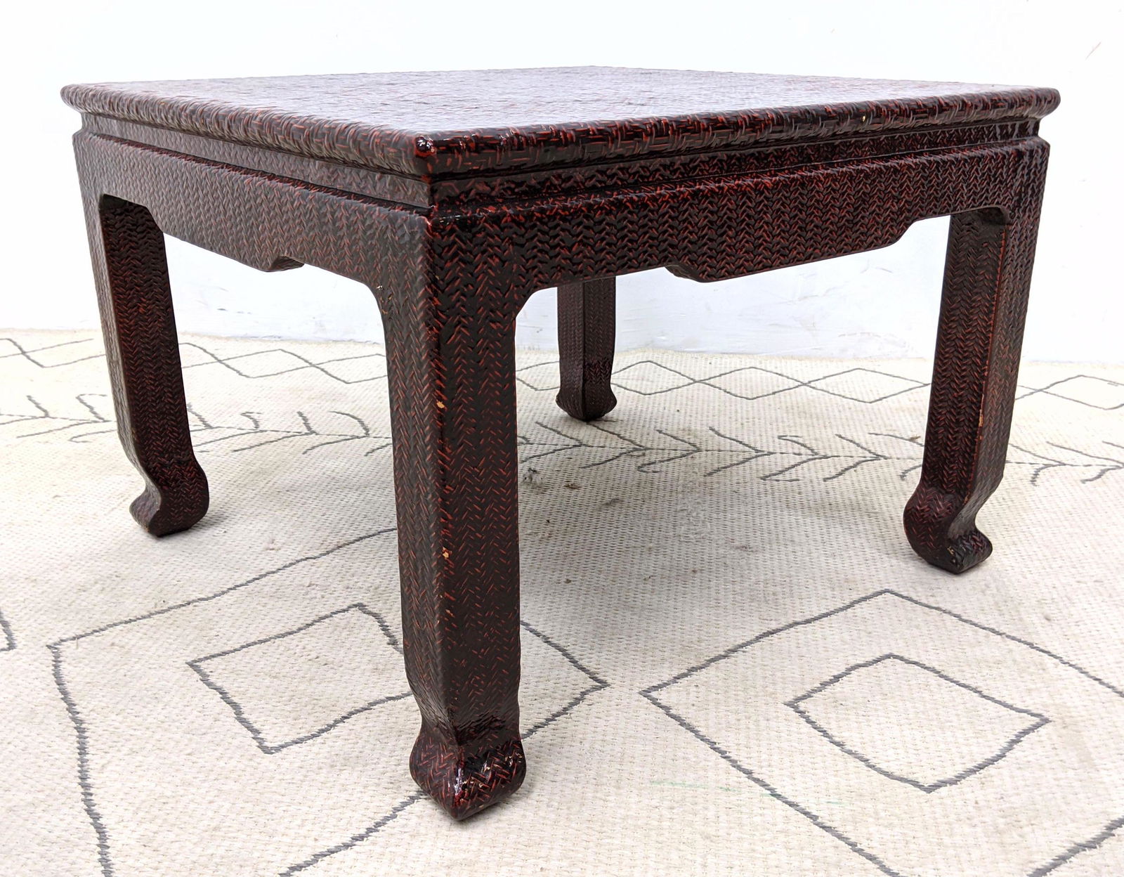 Woven Grass Cloth Covered Square Side Table. Red Lacque (1 of 10)