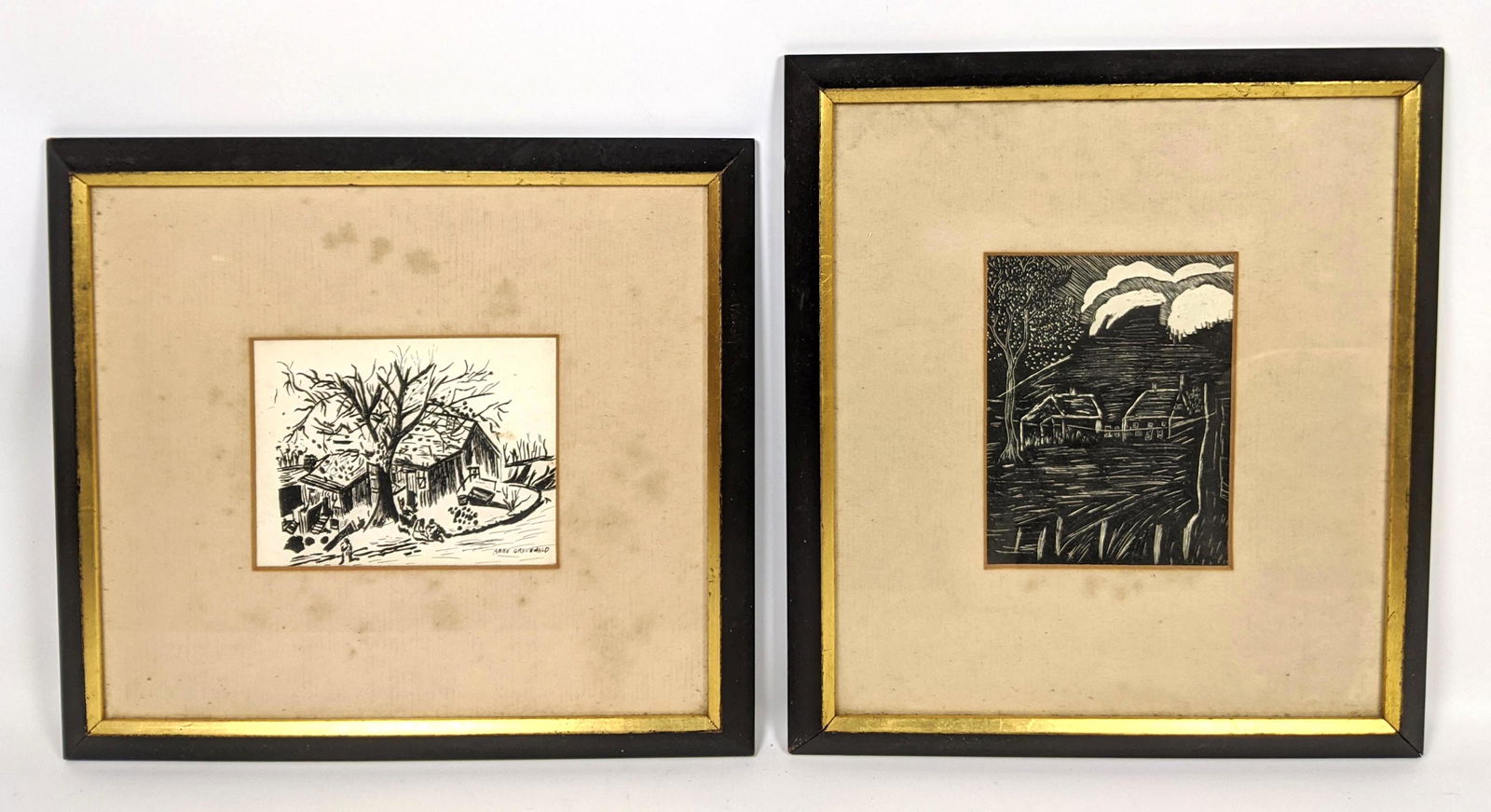 2pcs Art. ANNE GREENWALD Ink Drawing and Unsigned Block (1 of 14)