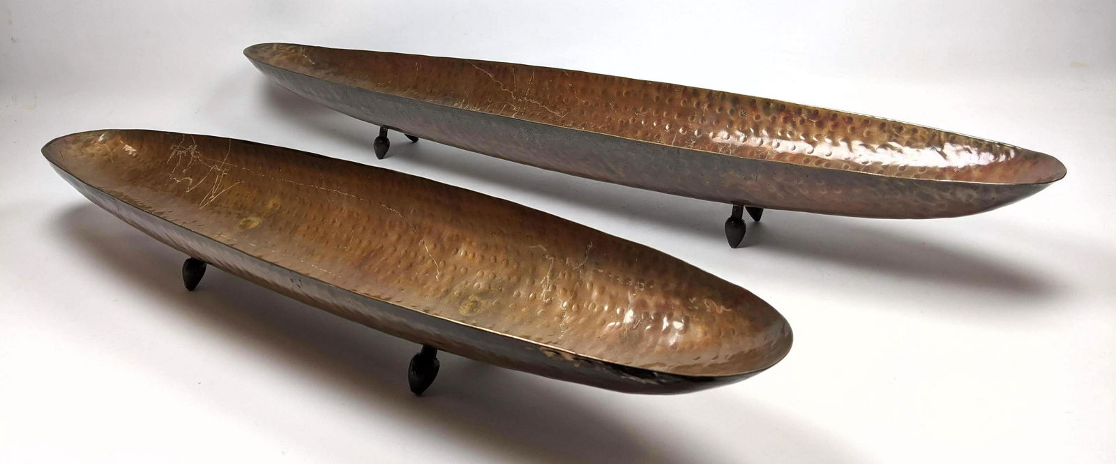 Pr Long Hammered Copper Footed dishes. Mid Century Mode (1 of 10)