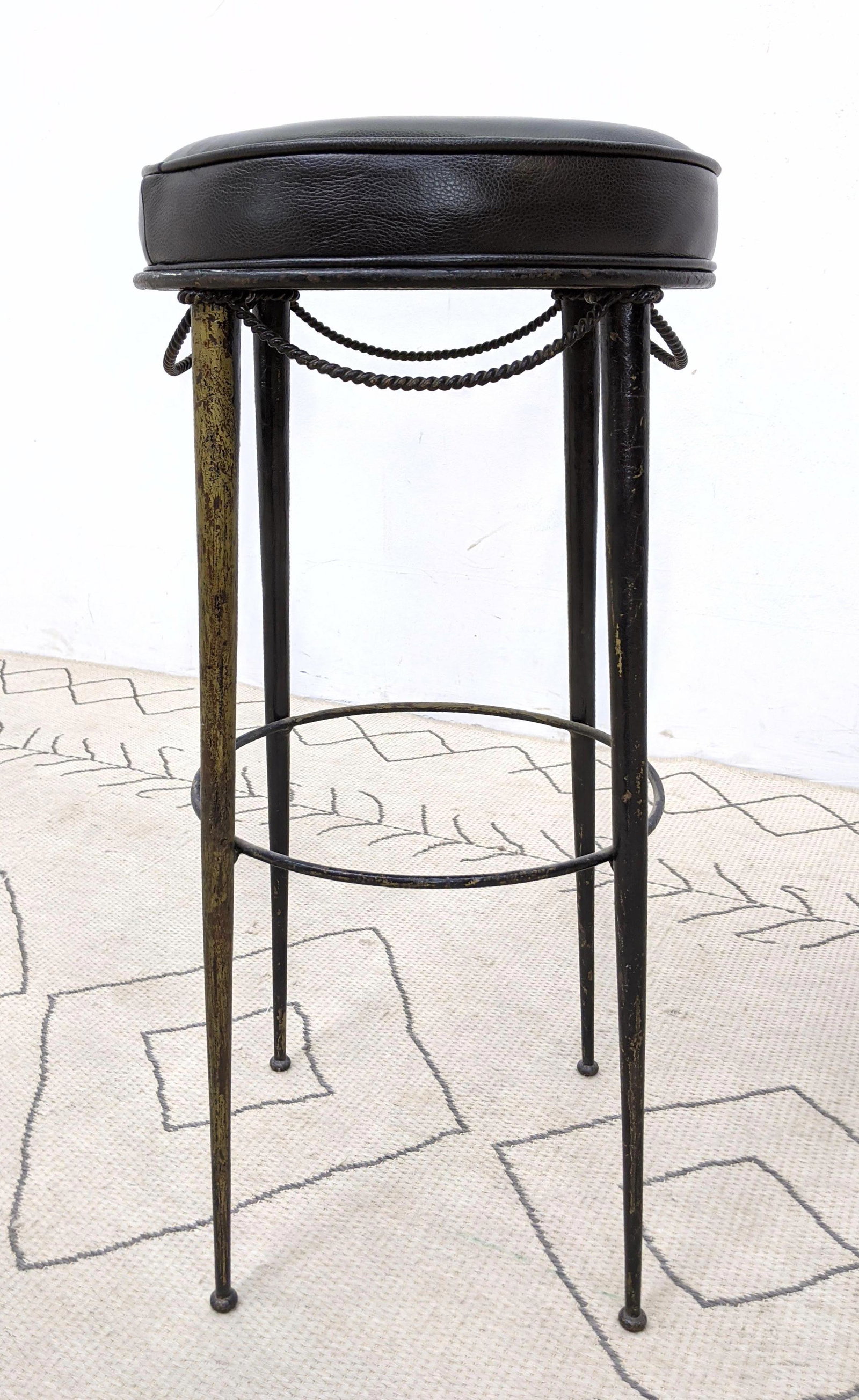French Style Bar Stool with Tapered Legs and Rope Detai: French Style Bar Stool with Tapered Legs and Rope Details. -- Dimensions: H: 30 inches: W: 14 inches: D: 14 inches ---