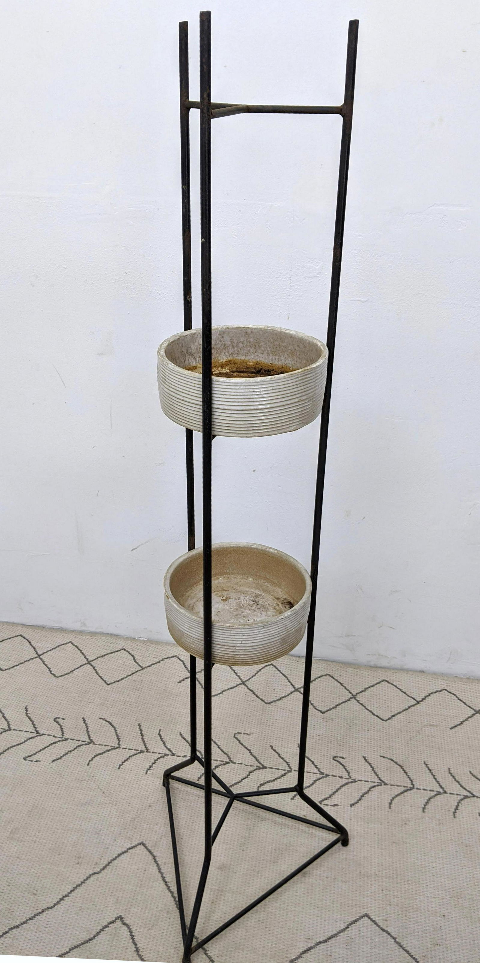 Mid Century Modern Tall Iron and Pottery Plant Stand Pl (1 of 8)