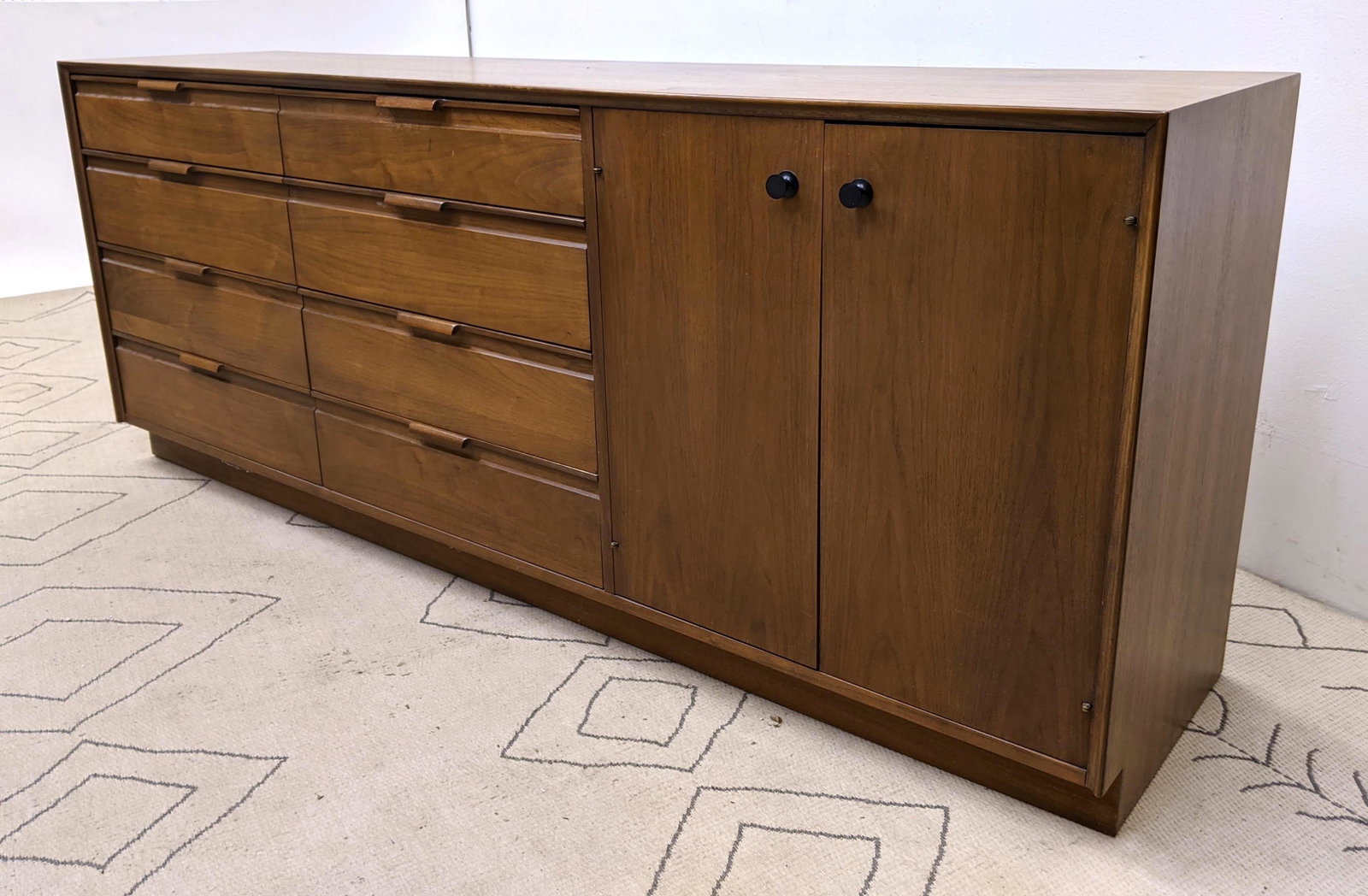 American Modern Walnut Credenza Dresser Chest. Doors an: American Modern Walnut Credenza Dresser Chest. Doors and Drawers with Nelson Style Pulls. -- Dimensions: H: 30 inches: W: 76 inches: D: 18 inches ---