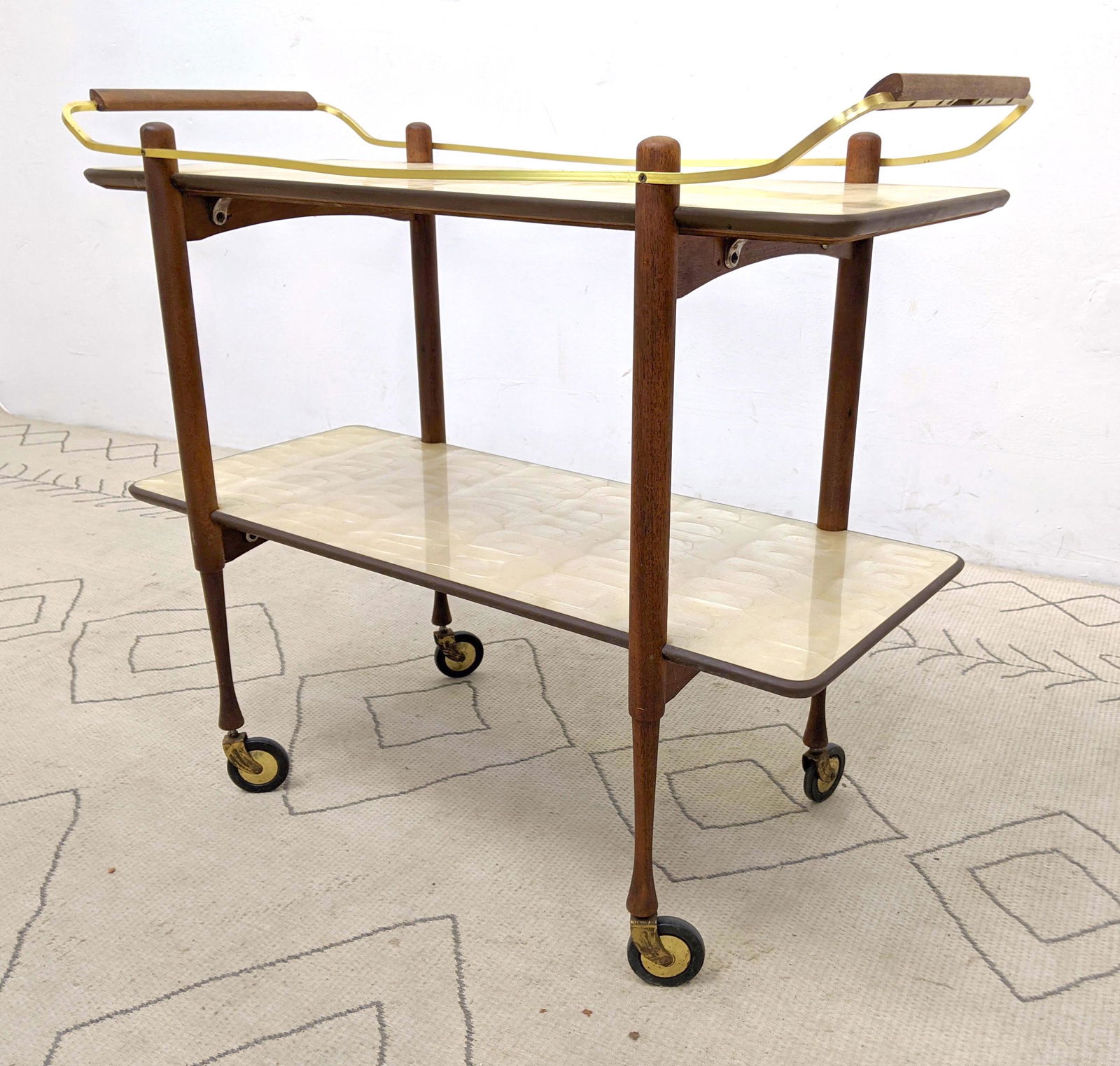 Modernist Brass Rolling Tea Bar Cart. Two Decorative Le (1 of 13)
