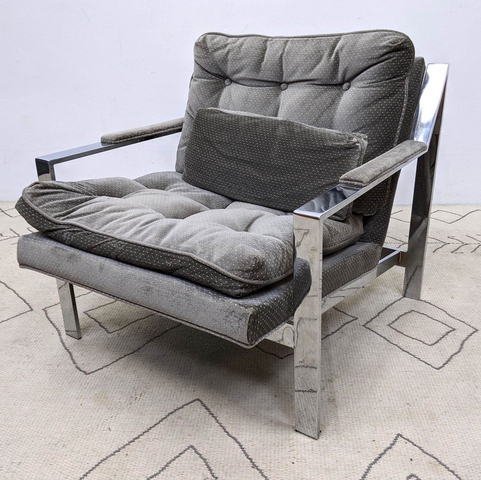 Milo Baughman Style Chrome Lounge Chair. Wide angled f: Milo Baughman Style Chrome Lounge Chair. Wide angled frame. -- Dimensions: H: 30 inches: W: 29.5 inches: D: 32 inches ---